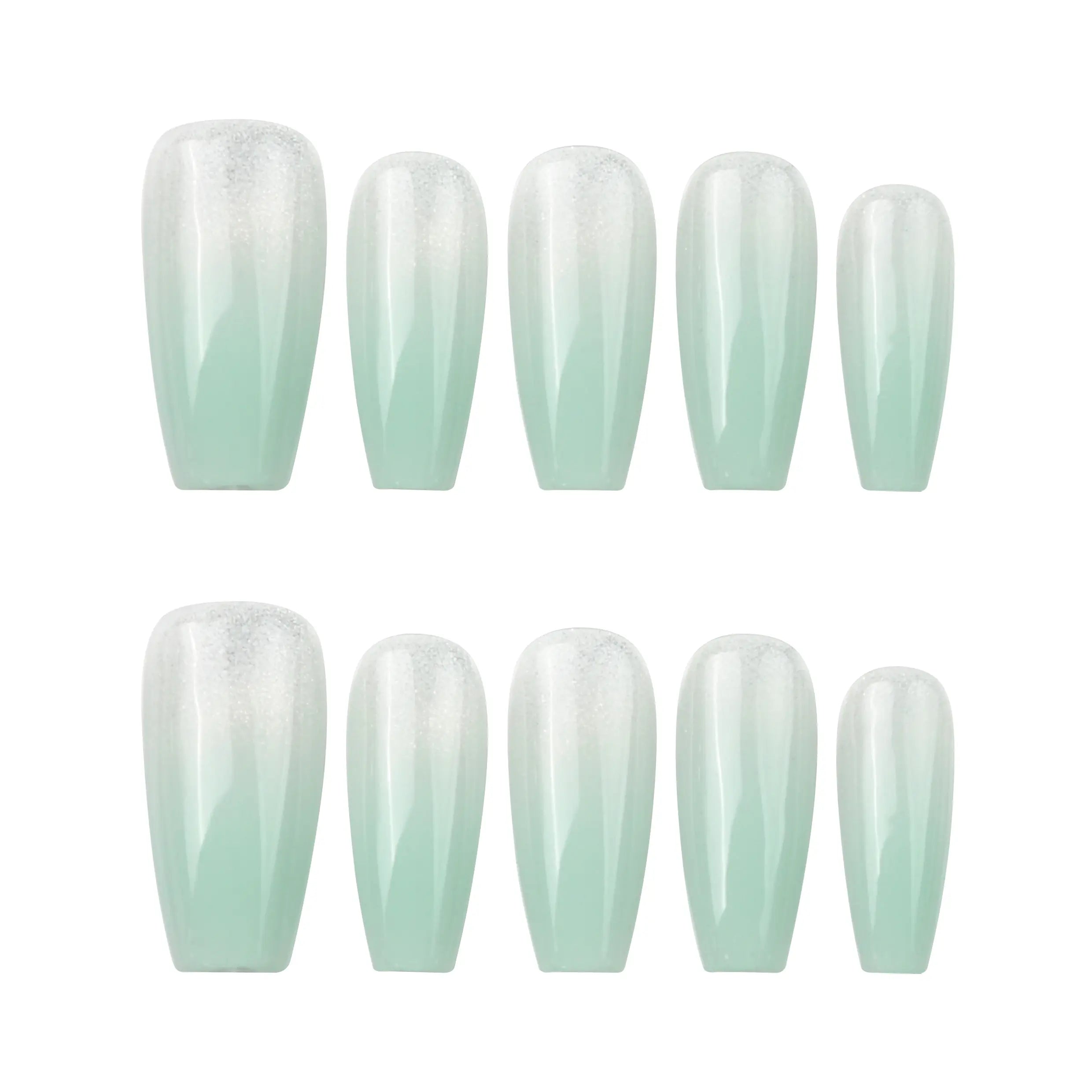 Flat lay of Misty Blue Fade handmade press on nails from Naillover, displayed on a white background to highlight the blue ombré effect.