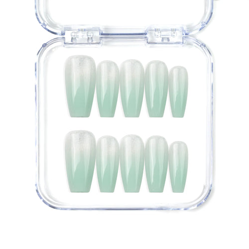 Naillover Misty Blue Fade handmade Singapore press on nails in long coffin shape, featuring misty grey to blue gradient.