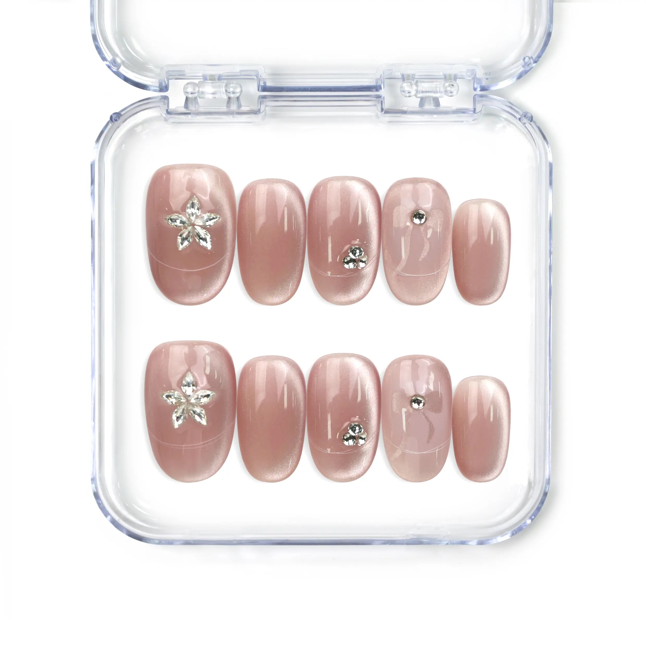 Naillover Misty Rose handmade press on nails featuring shimmering cat eye nails effect with delicate silver accents from Singapore press on nails collection.