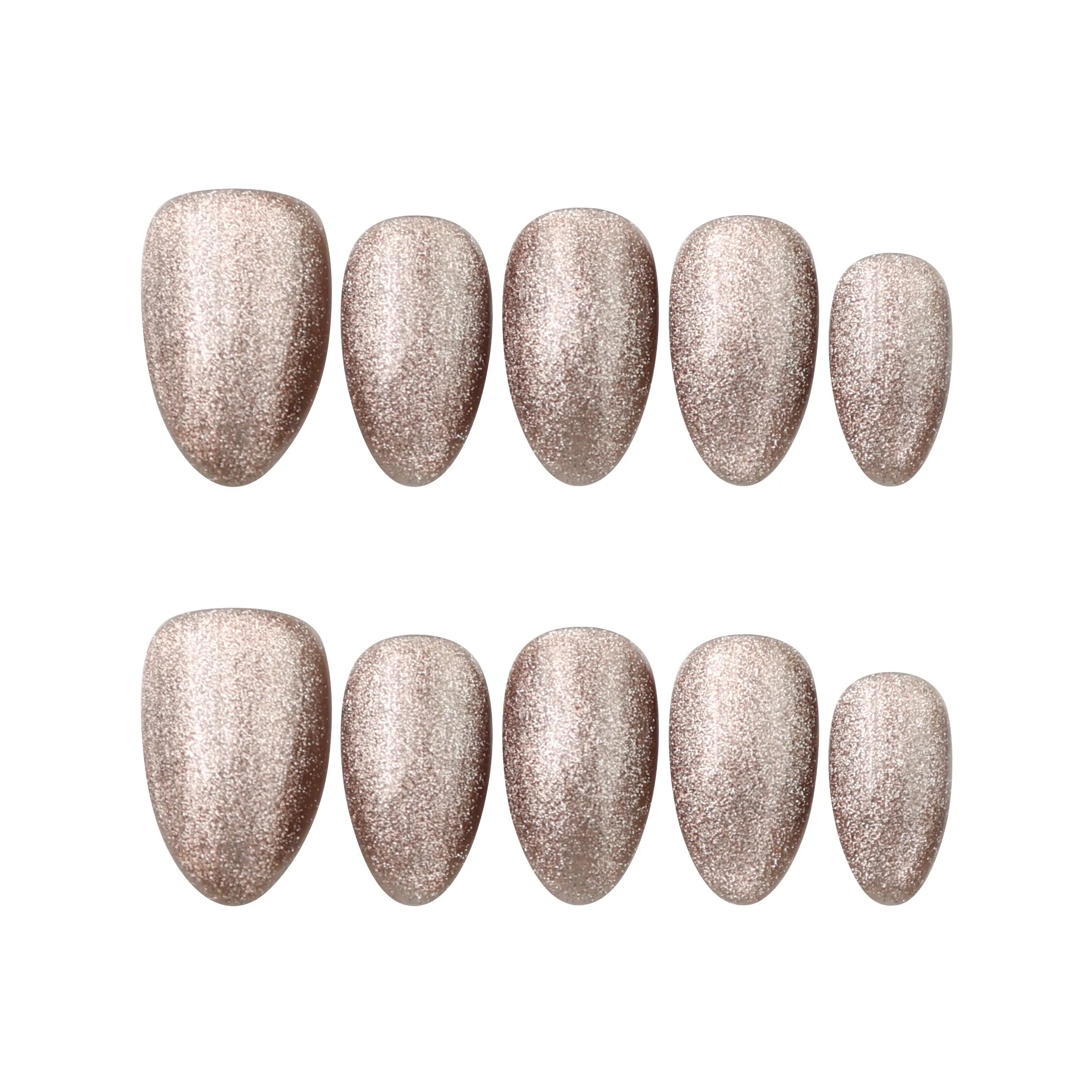 Flat lay of Mocha Gleam handmade press on nails by Naillover on white background, showing soft brown shimmer effect.