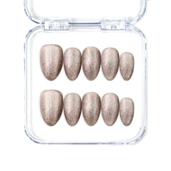 Naillover Mocha Gleam handmade Singapore press on nails in short almond shape with mocha brown cat-eye shimmer finish.