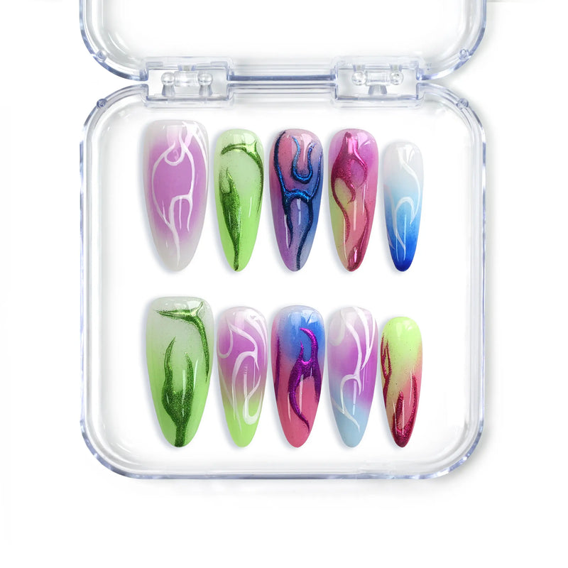 Naillover handmade almond press on nails from Singapore featuring bold neon red flames on a glossy white base.