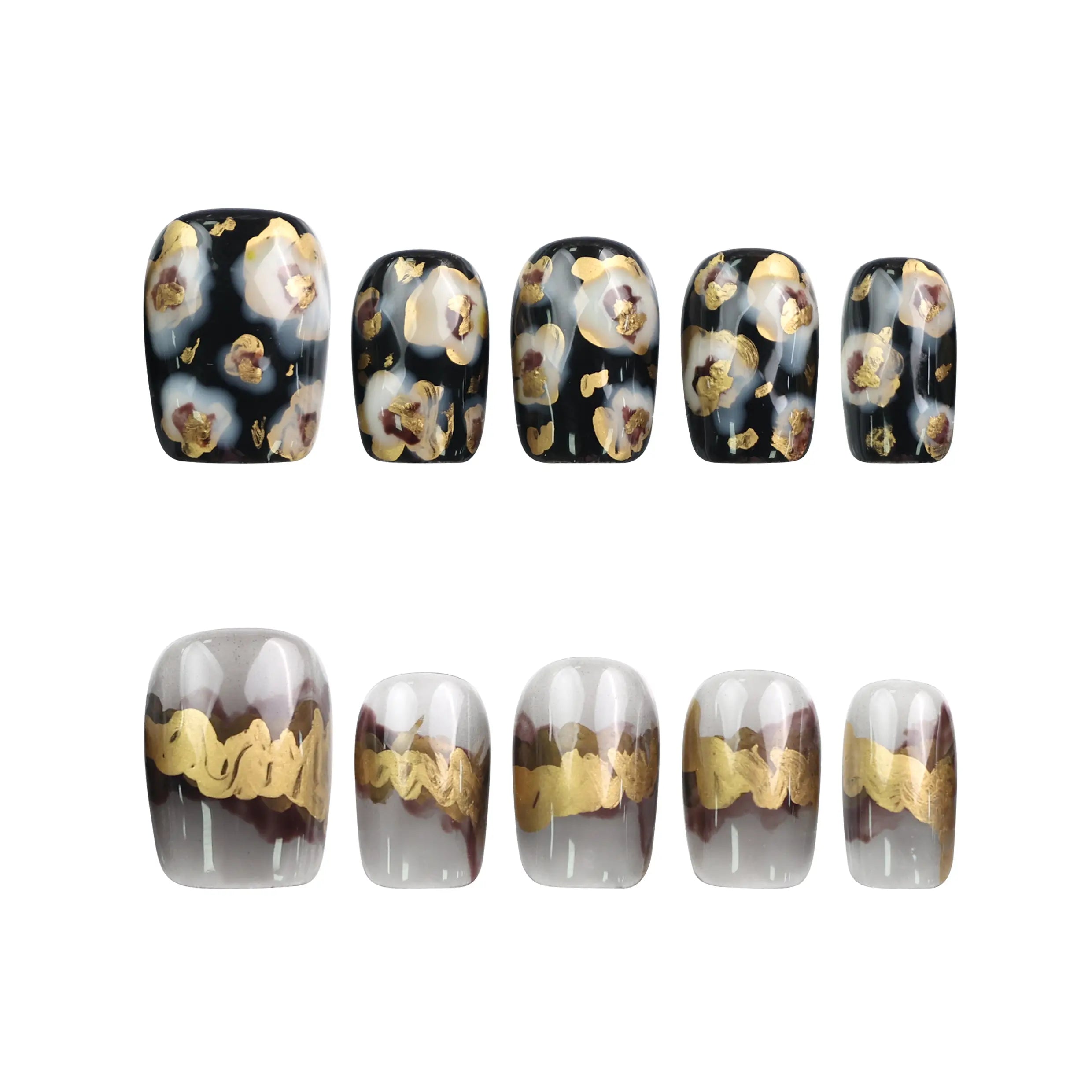 Set of Mystic Flow handmade press on nails displayed on white background, abstract swirl with metallic gold and silver leaf accents