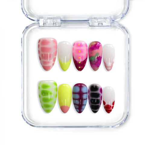 Medium almond press on nails from Singapore featuring bold pink, yellow, purple, and red tones by Naillover.