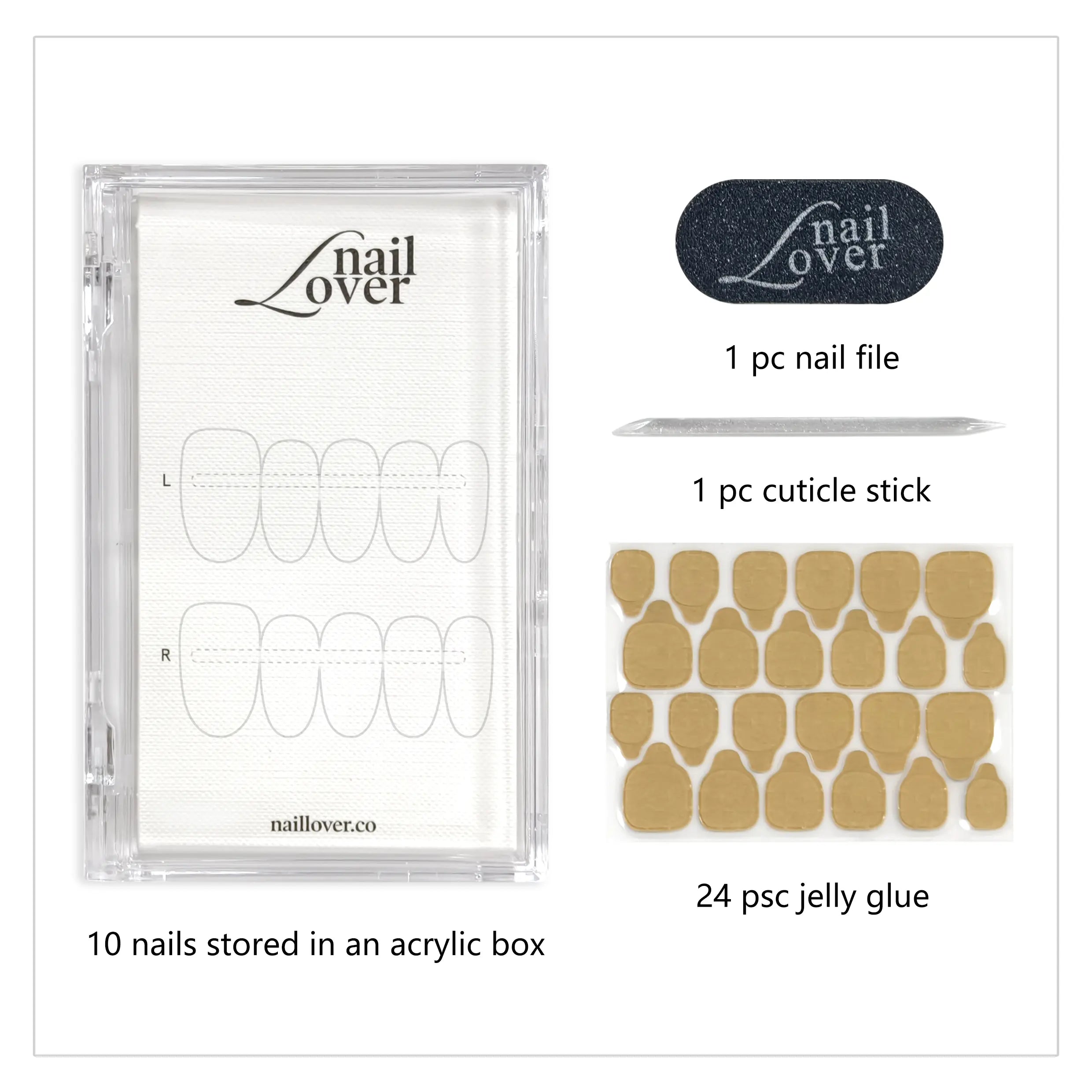 Naillover press-on nails toolkit including nail file, cuticle stick, and jelly glue for easy application and salon-quality fit.
