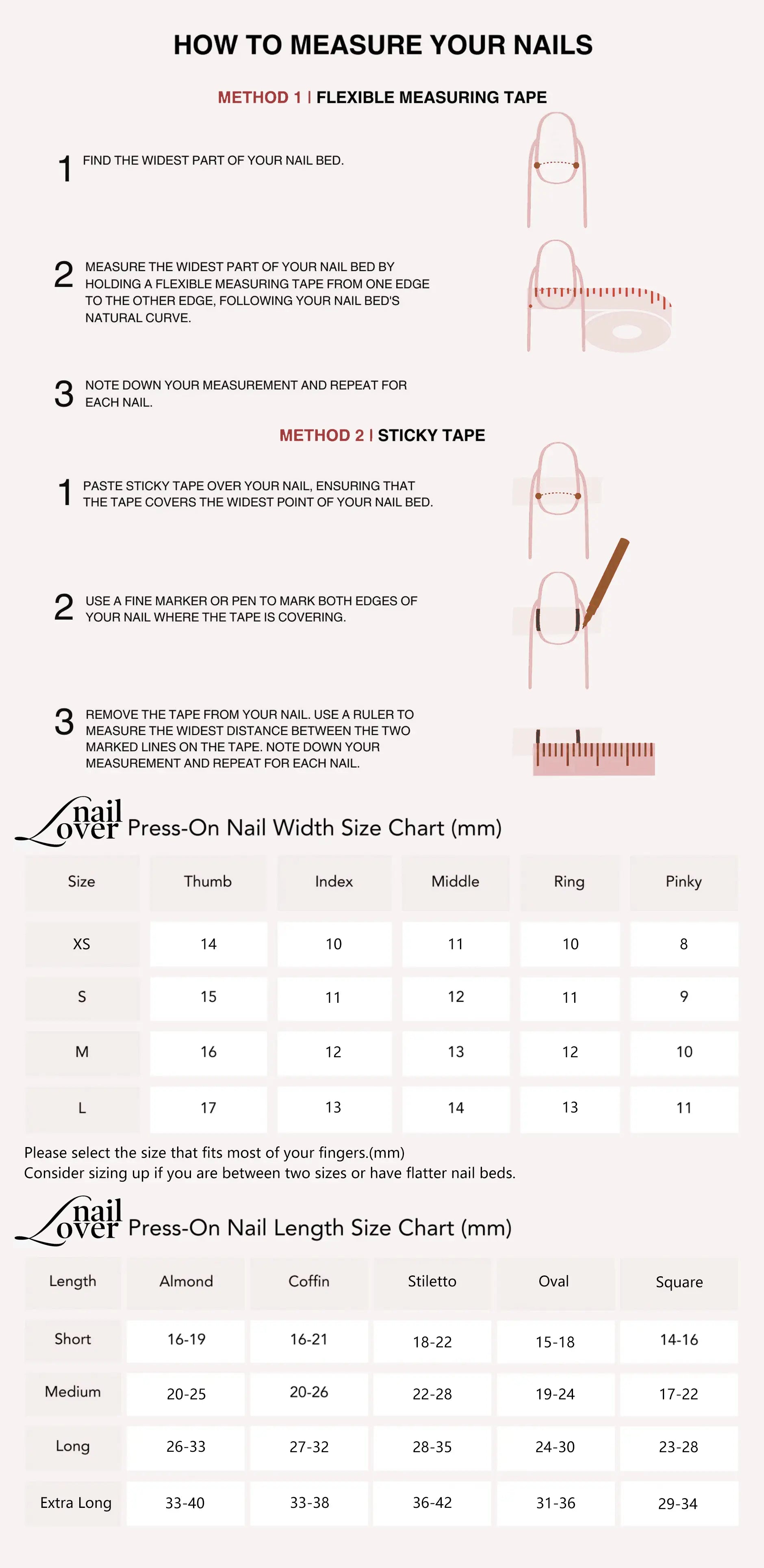 Naillover sizing chart for press-on nails, showing detailed nail measurements to help customers choose the perfect fit for a custom manicure.