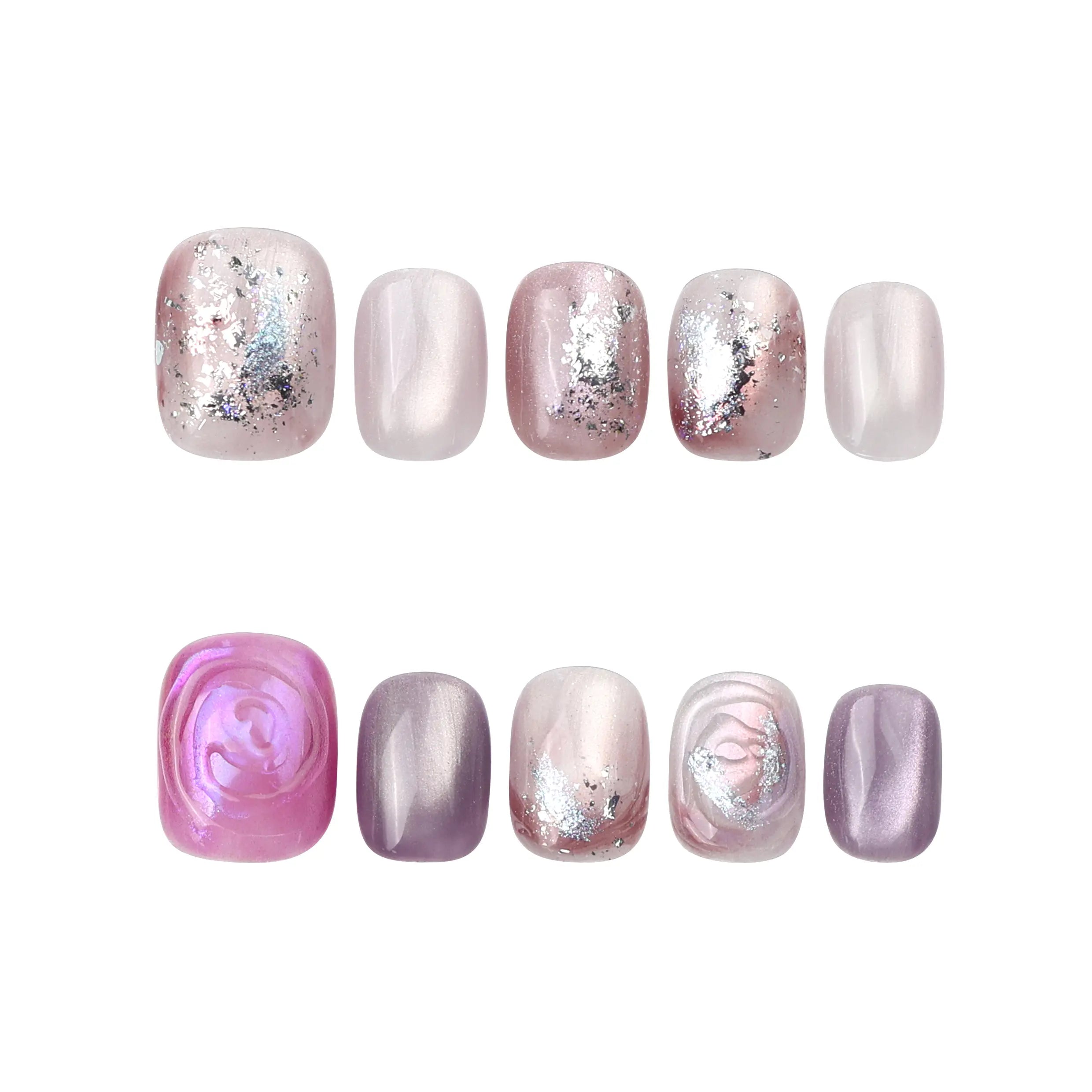 Amethyst Shimmer handmade short press on nail set on white background with cat eye shine and lilac rose details.