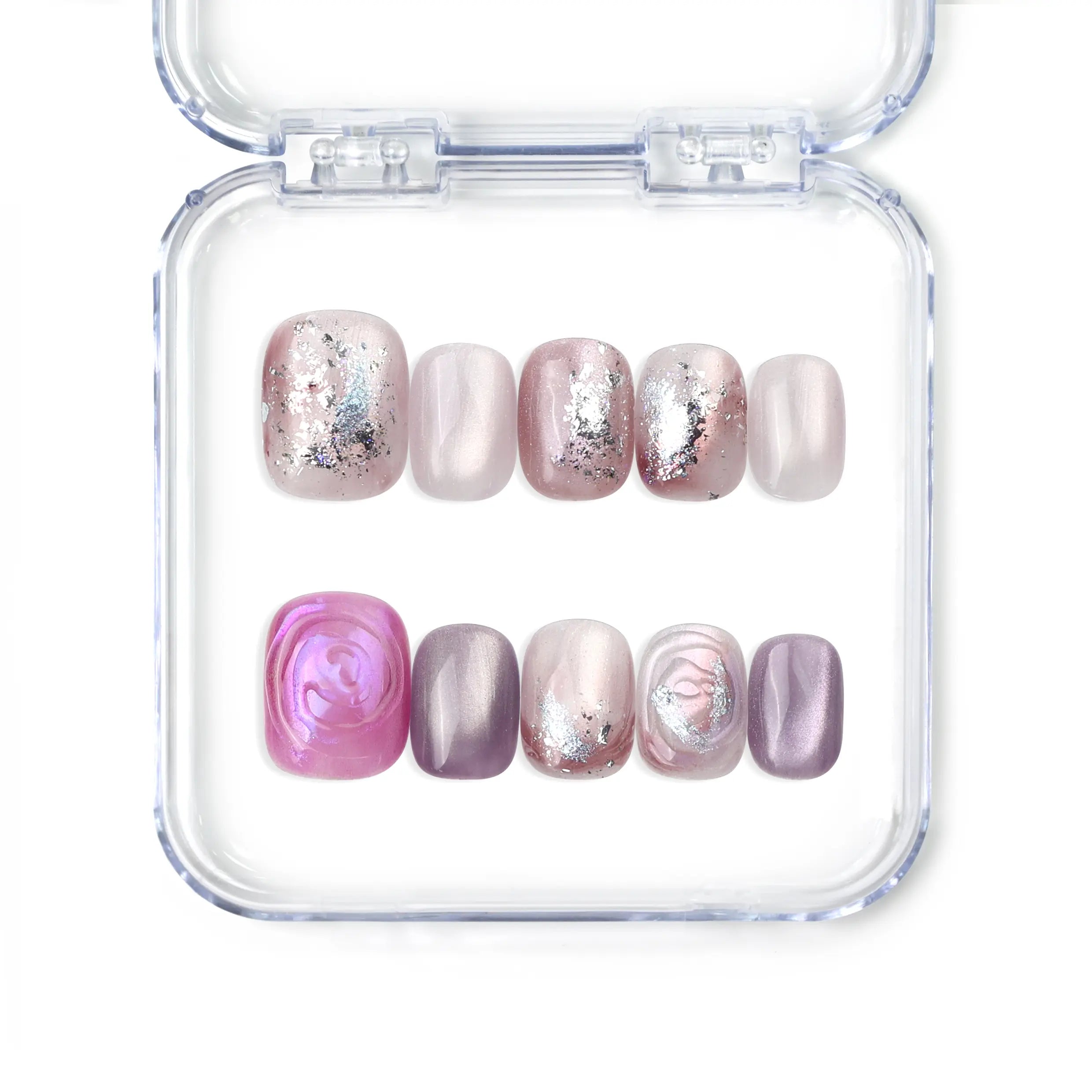 Naillover Amethyst Shimmer handmade press on nails featuring short lilac lavender gradients, cat eye shimmer, and 3D carved rose, from Singapore press on nails collection.