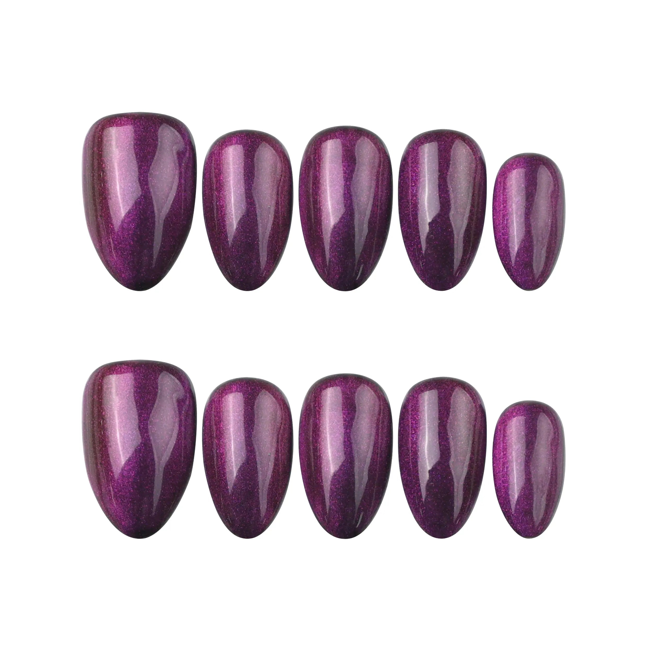 Naillover Amethyst handmade press on nails in short almond cat eye design, displayed on white background.
