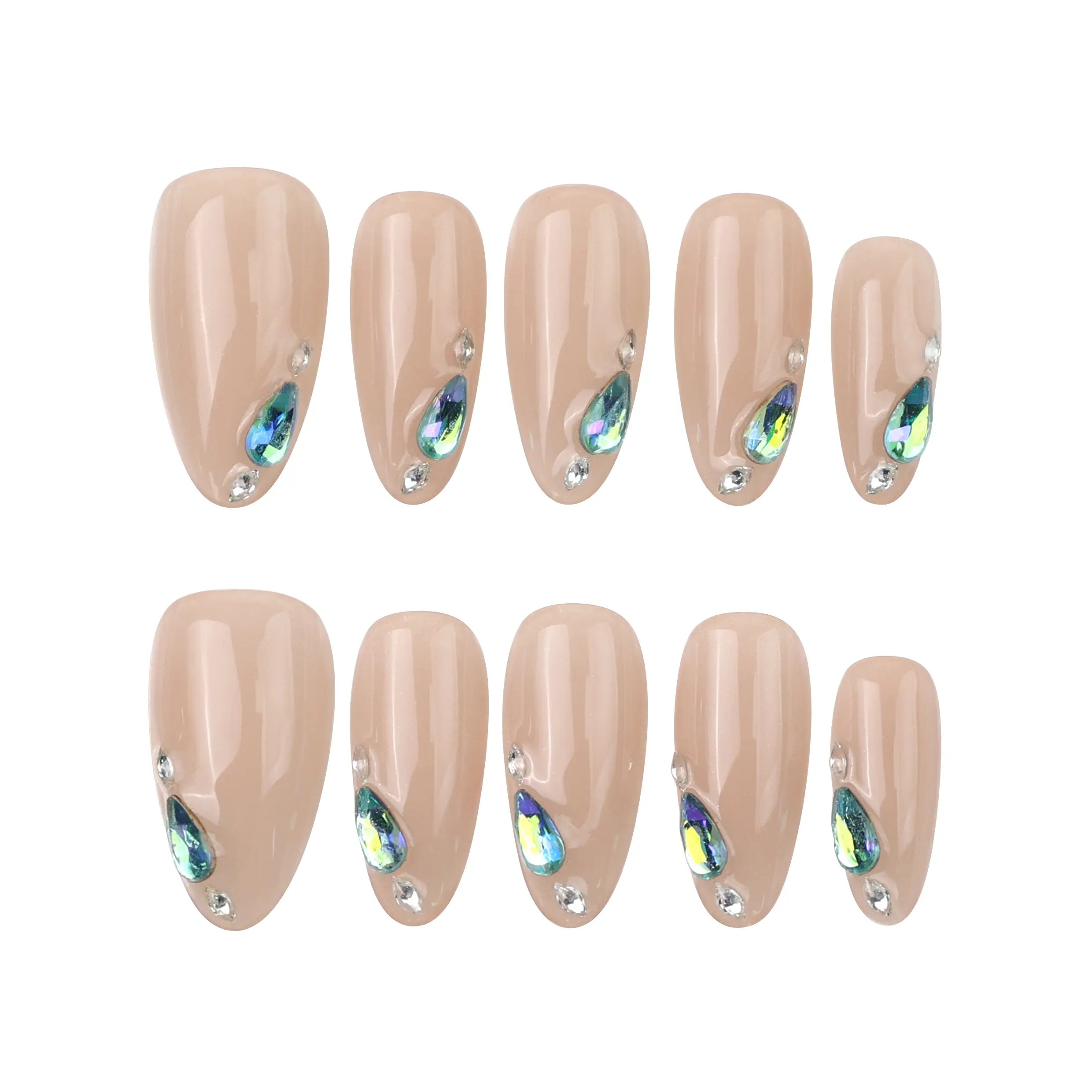 Flat-lay of Aqua Gem nails — nude and blue crystal tip press on nails, handmade by Naillover in Singapore.