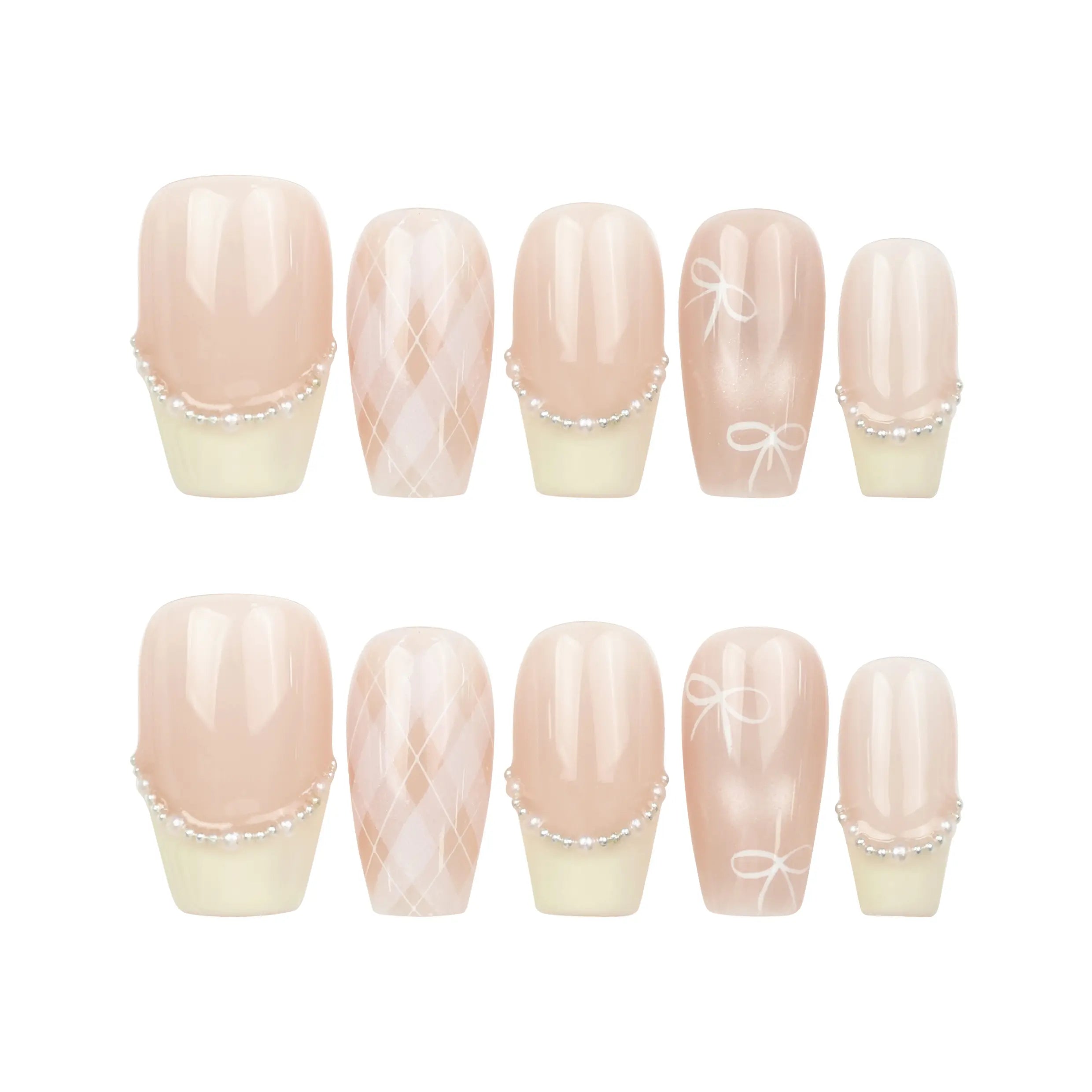 Naillover Ballet Bow handmade Singapore press on nails displayed on white background with bow and pearl details.