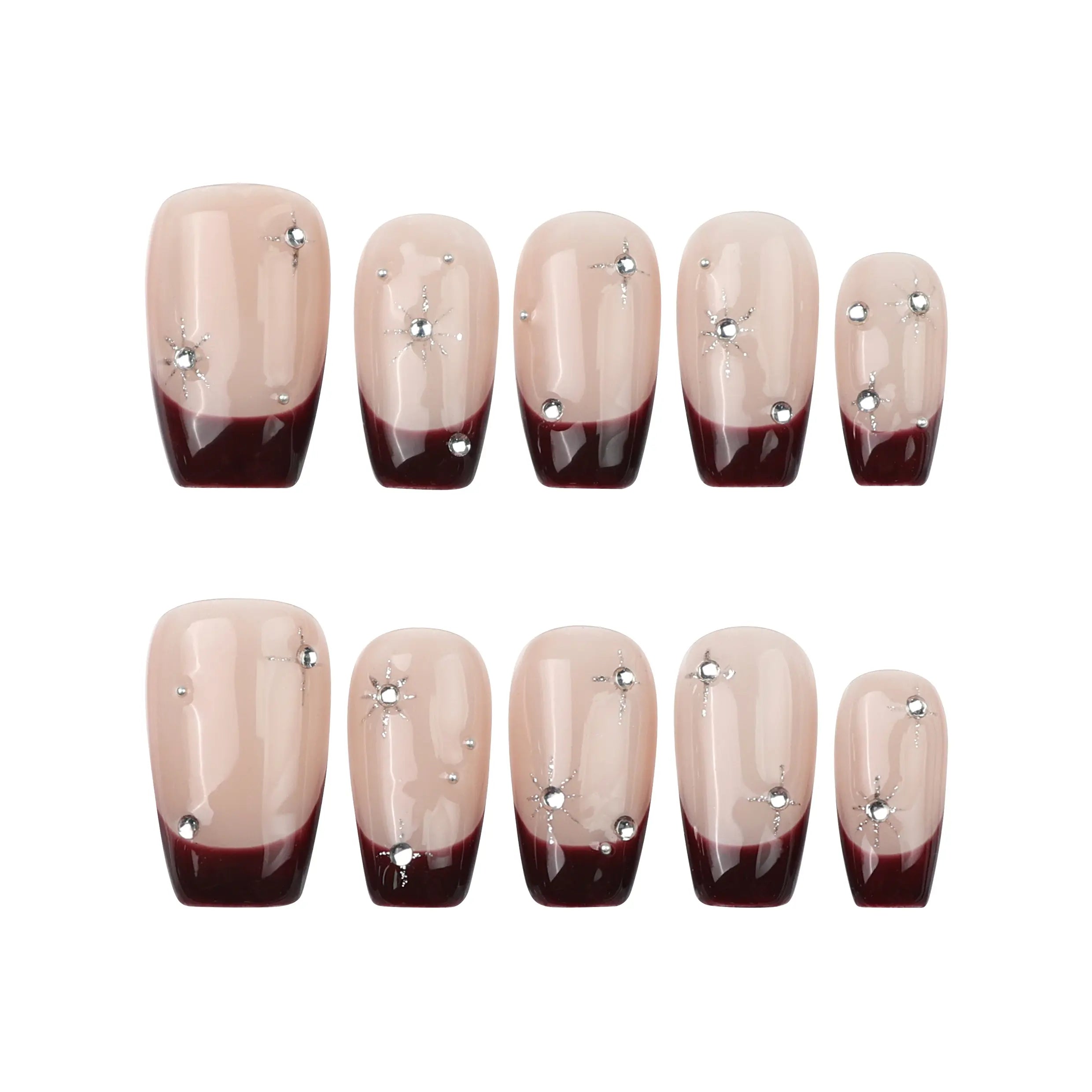 Flat-lay of Naillover Bare Crystal handmade press on nails — amber and clear color mix with crystal detailing, part of our Singapore collection.