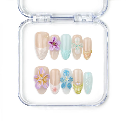 Naillover handmade press on nails in pastel tones with 3D floral accents — Bloom Harmony design from Singapore press on nails collection.