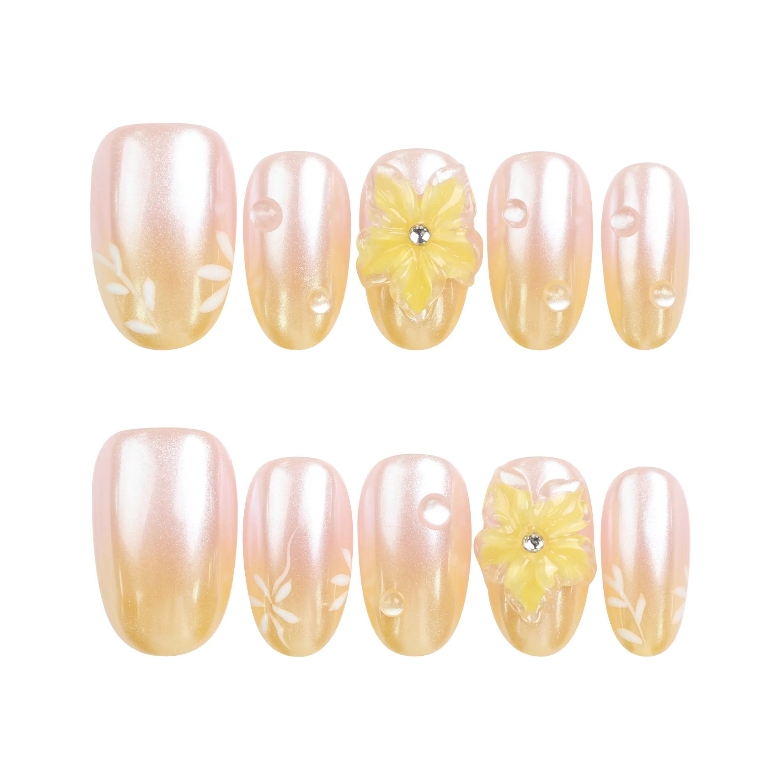 Naillover Bloom Whimsy 3D summer nails displayed on white background, featuring peach gradient and floral embellishments.