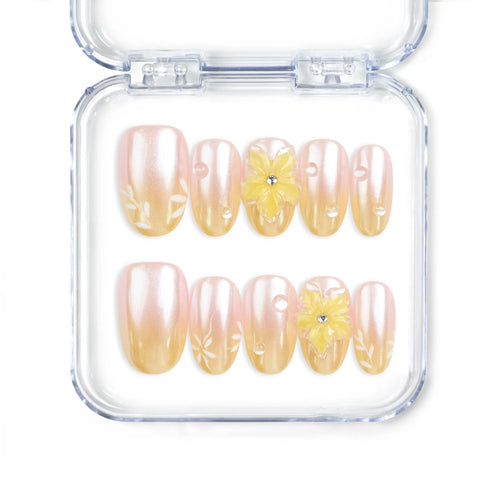 Naillover Bloom Whimsy handmade press on nails Singapore with peach gradient and 3D flower accents, designed as elegant trendy summer nails.