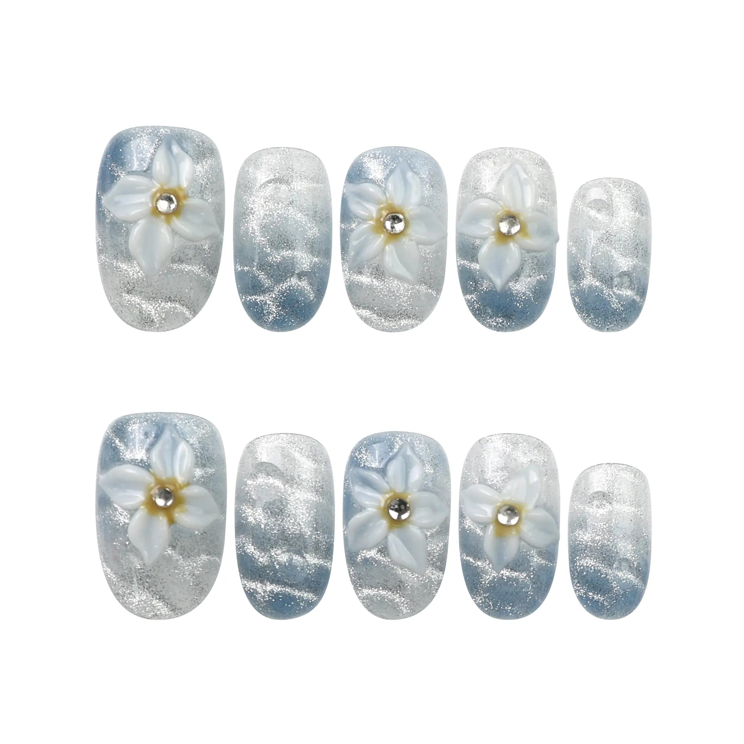 Flat lay of Naillover Blue Blossom handmade press on nails—ocean blue tones and 3D floral details from Singapore nail artistry.
