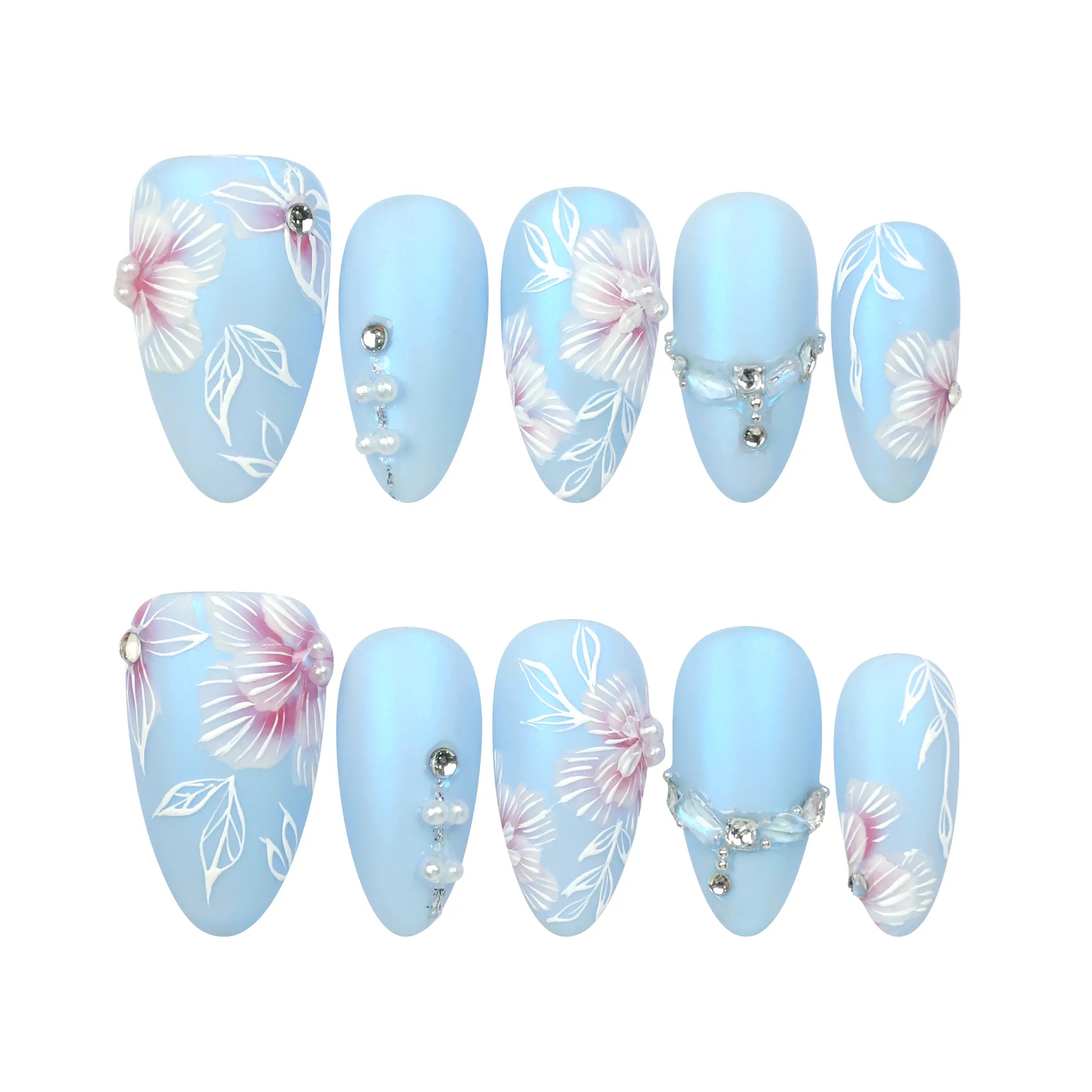 Naillover Blue Floral Diamond handmade press on nails displayed on white background with matte blue base and floral crystal accents