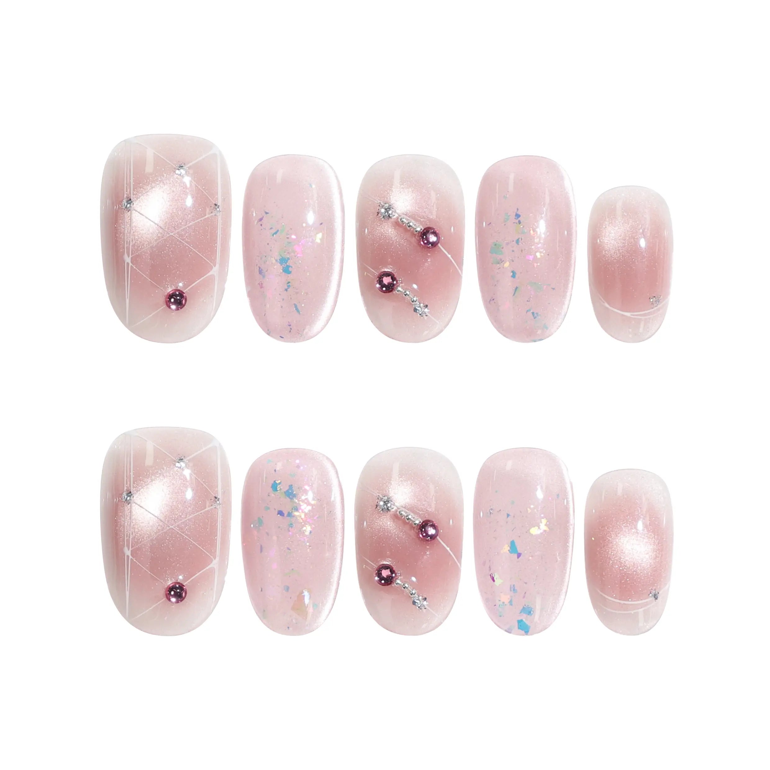 Naillover Blush Diamond Whisper blush pink handmade Singapore press on nails with gold and silver glitter accents on white background.