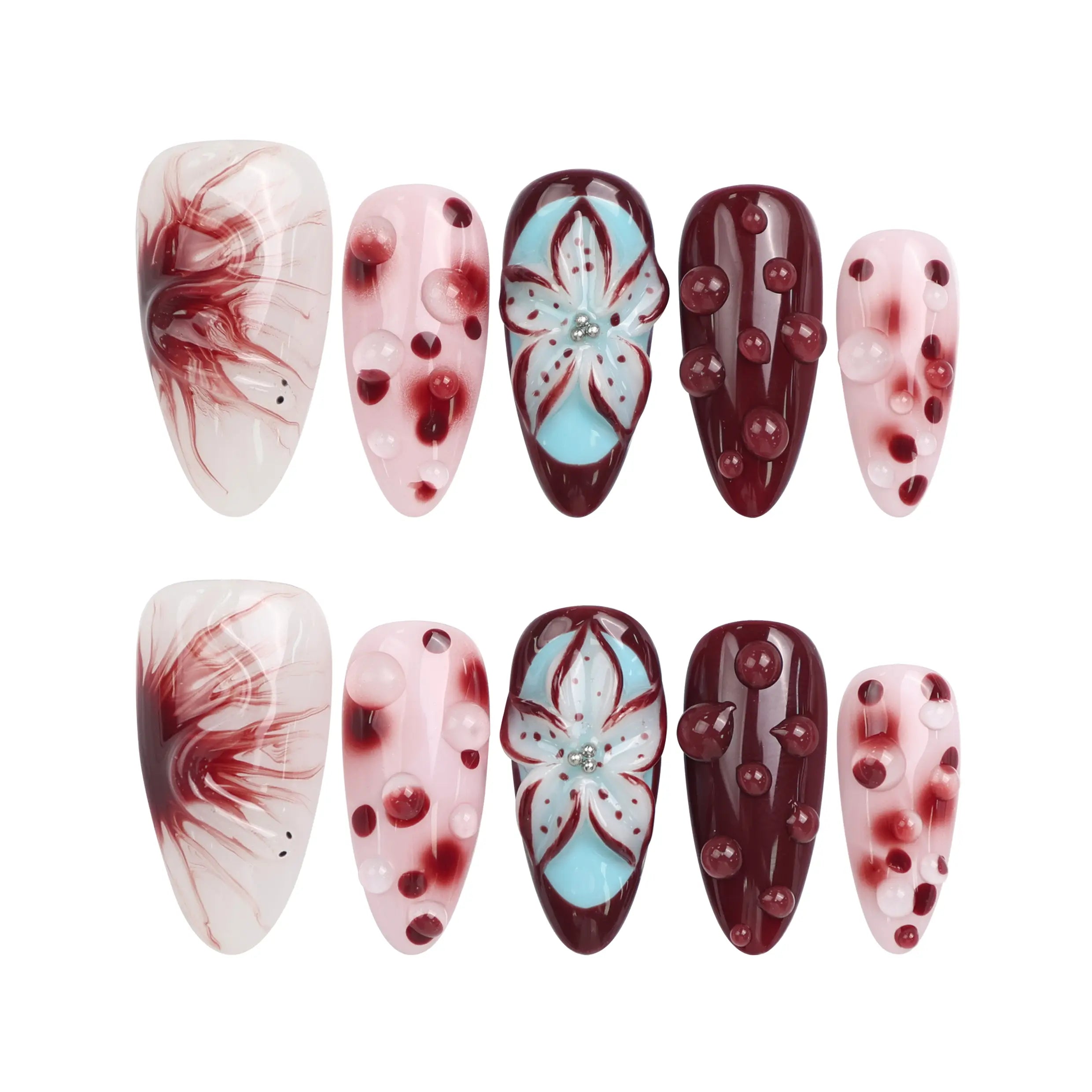 Naillover Blush Enigma trendy press on nails set on white background, featuring handmade burgundy and white floral nail art.