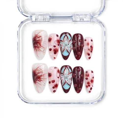 Blush Enigma trendy nails by Naillover, handmade press on nails Singapore in burgundy and white with floral and polka dot design.