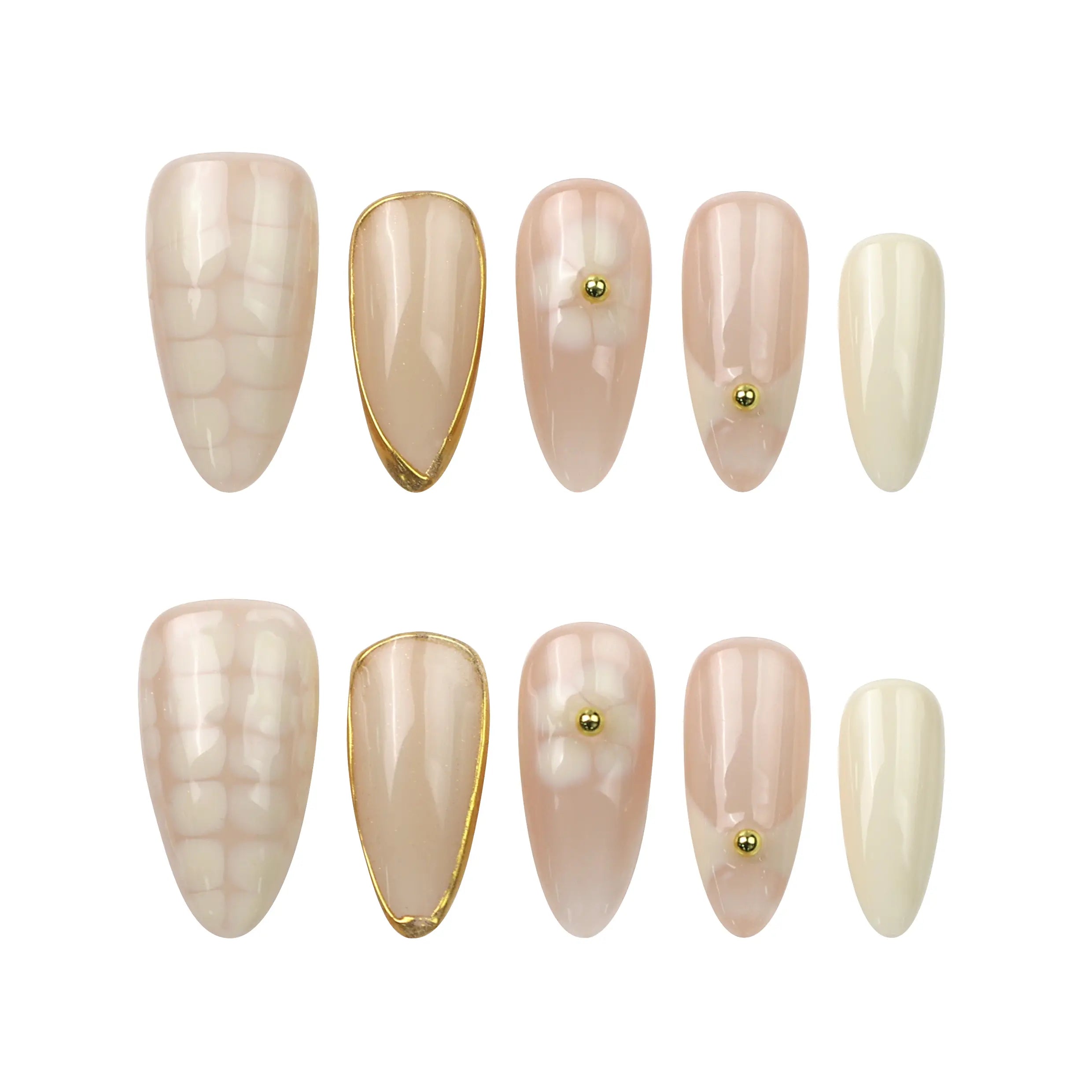Flat-lay of Naillover Blush Lattice press on nails — almond-shaped nails with blush and coral gradient tones, handmade for a chic Singapore summer look.