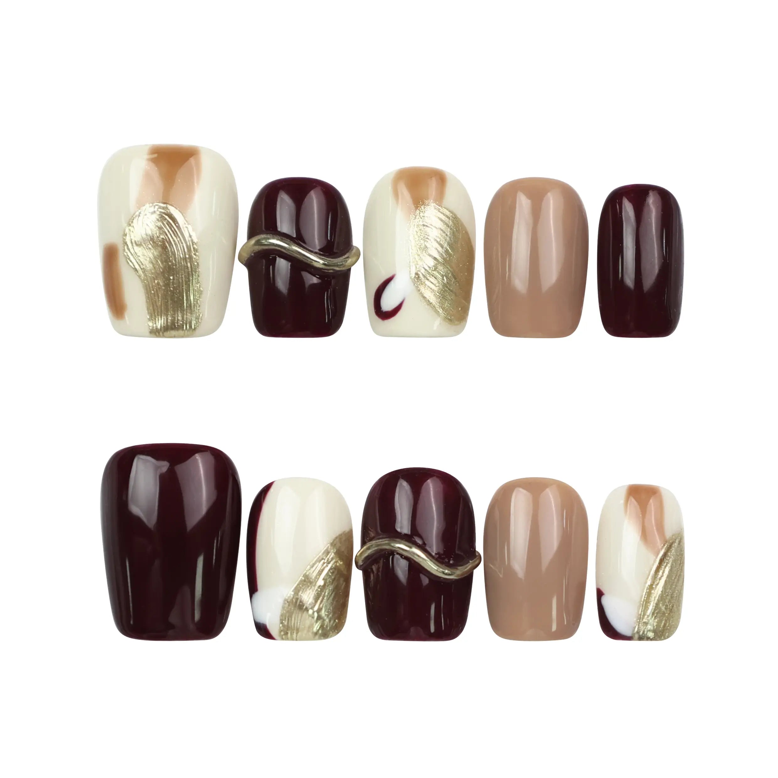 Naillover Burgundy Wave handmade Singapore press on nails in burgundy, nude, and white with gold accents displayed on white background.