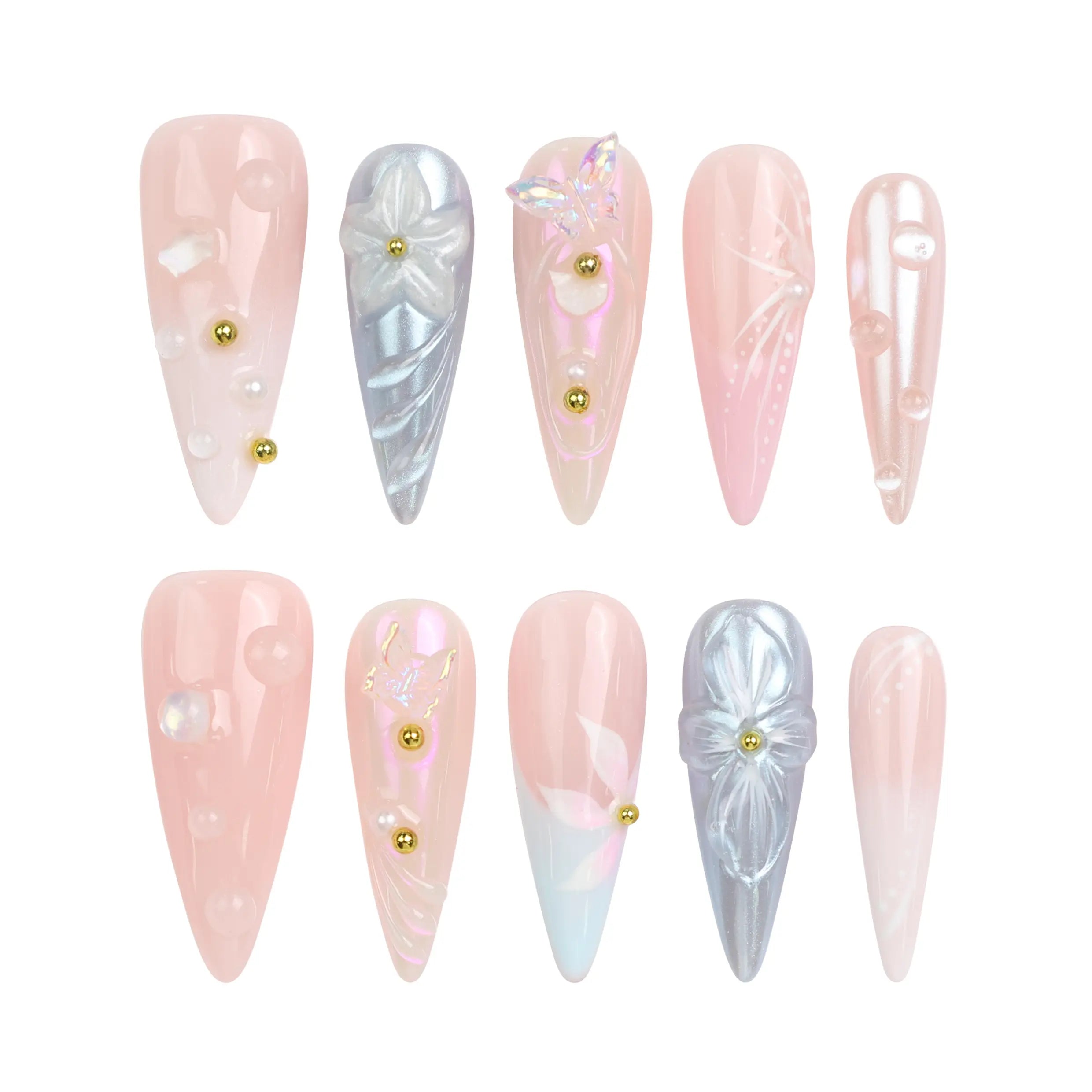 Naillover Butterfly's Dream handmade press on nails set on white background, featuring pastel gradient with 3D flowers and gold beads.