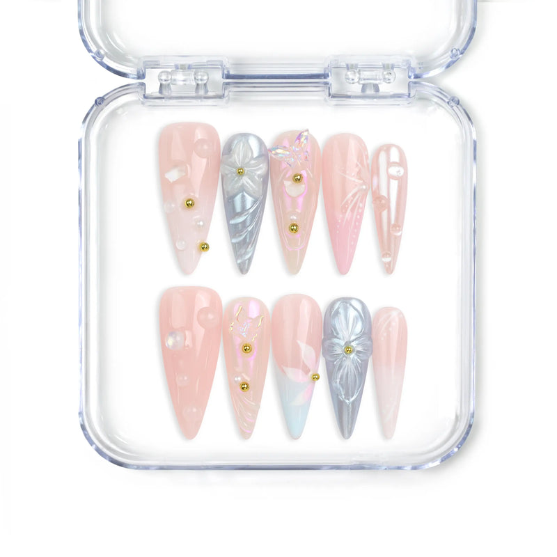 Naillover Butterfly's Dream handmade press on nails Singapore with pastel gradient, floral designs, and gold bead accents for trendy summer style.