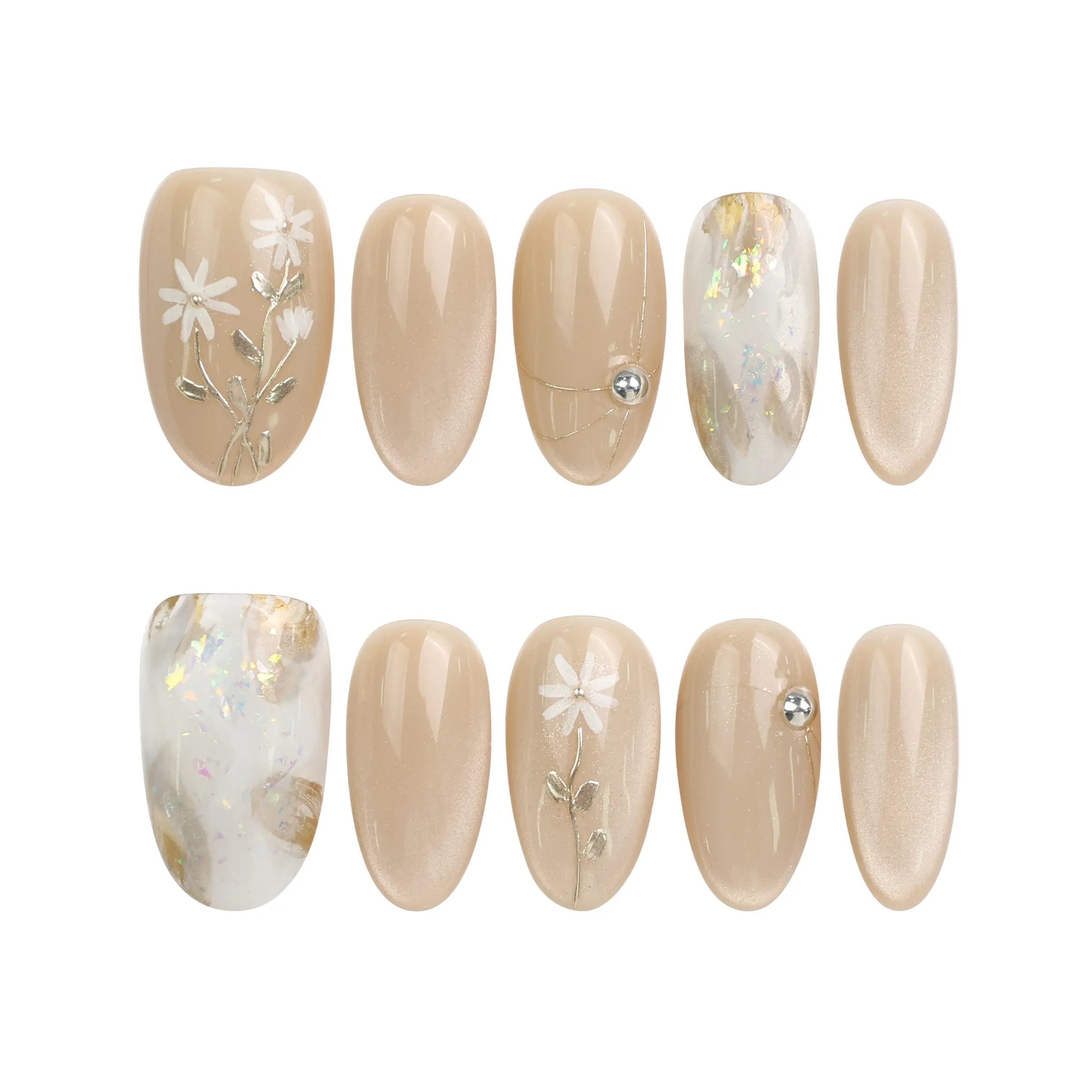 Naillover Cappuccino Daisy press on nails set on white background, showing beige base and delicate floral details.