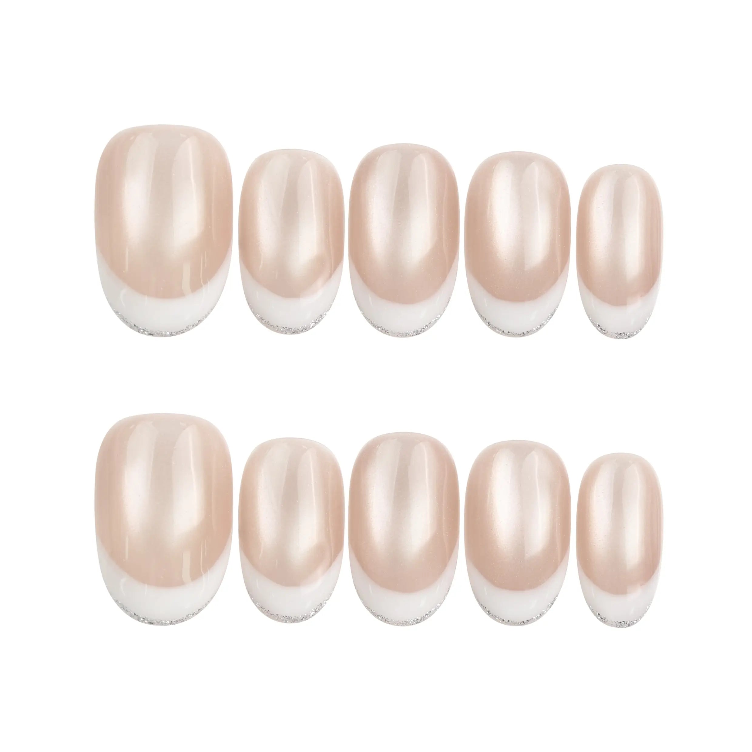 Champagne handmade press on nails set on white background, nude champagne shimmer design, classic nails by Naillover, press on nails Singapore.