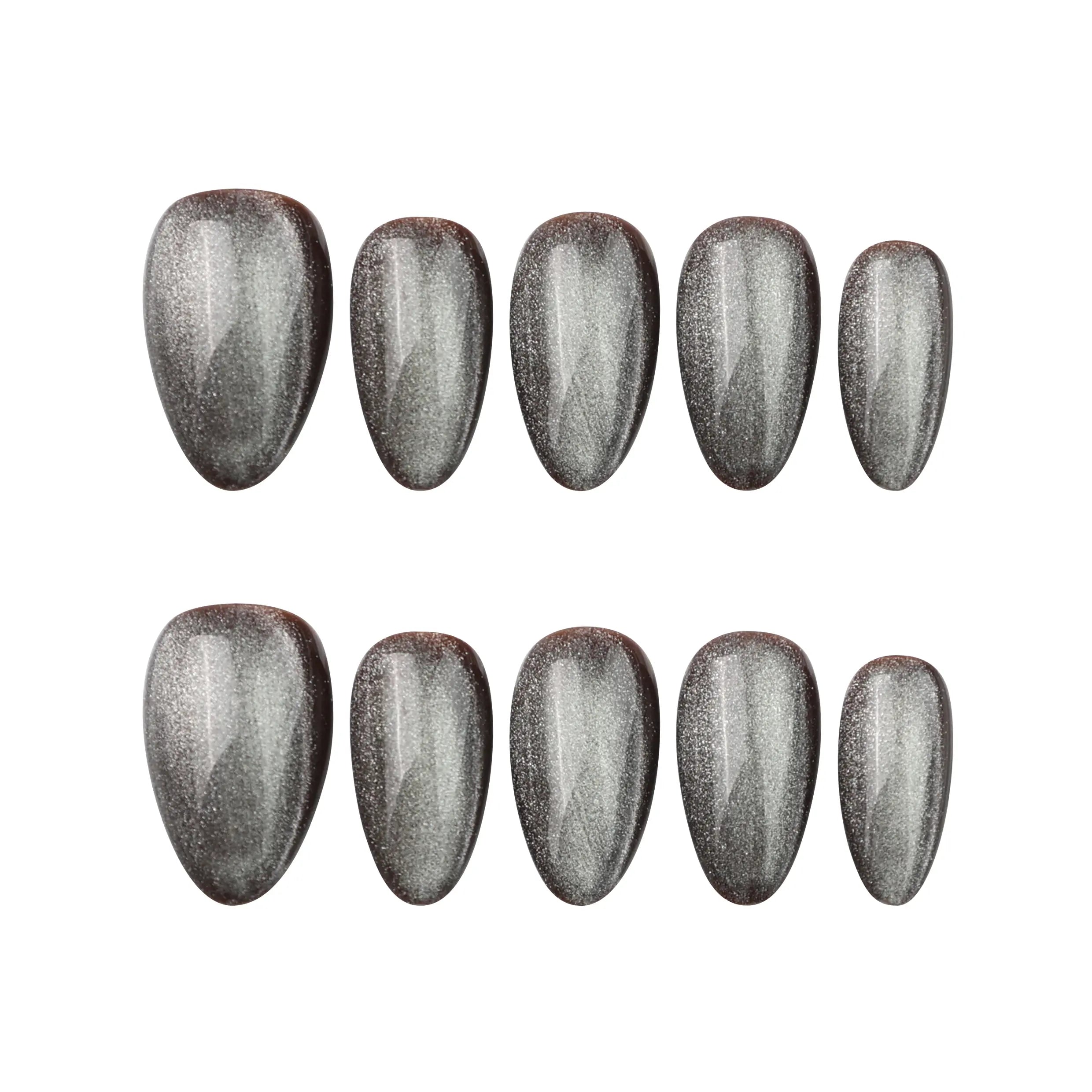 Chestnut Tone handmade press on nails by Naillover on white background, featuring short almond cat eye design.