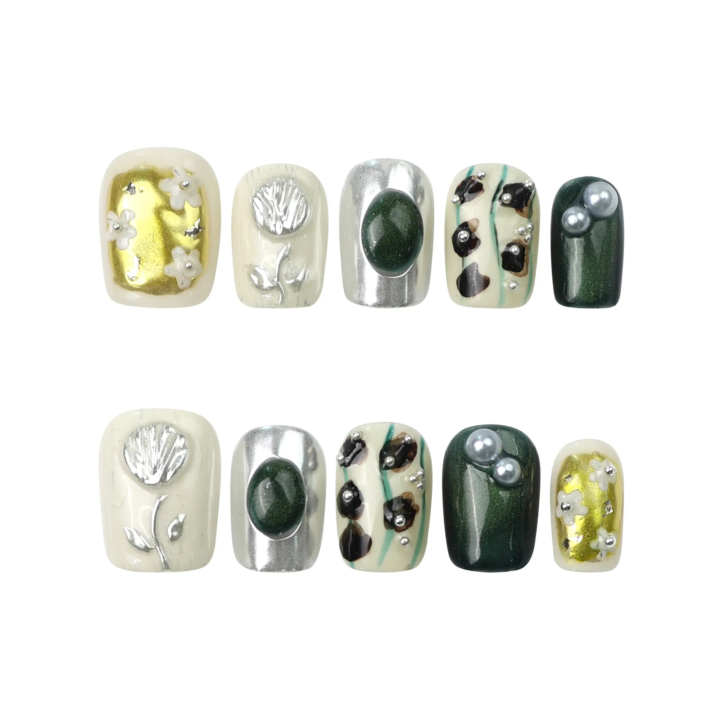 Naillover Chic Contrast black and white press on nail set laid flat on white background, showing handmade flower detailing.