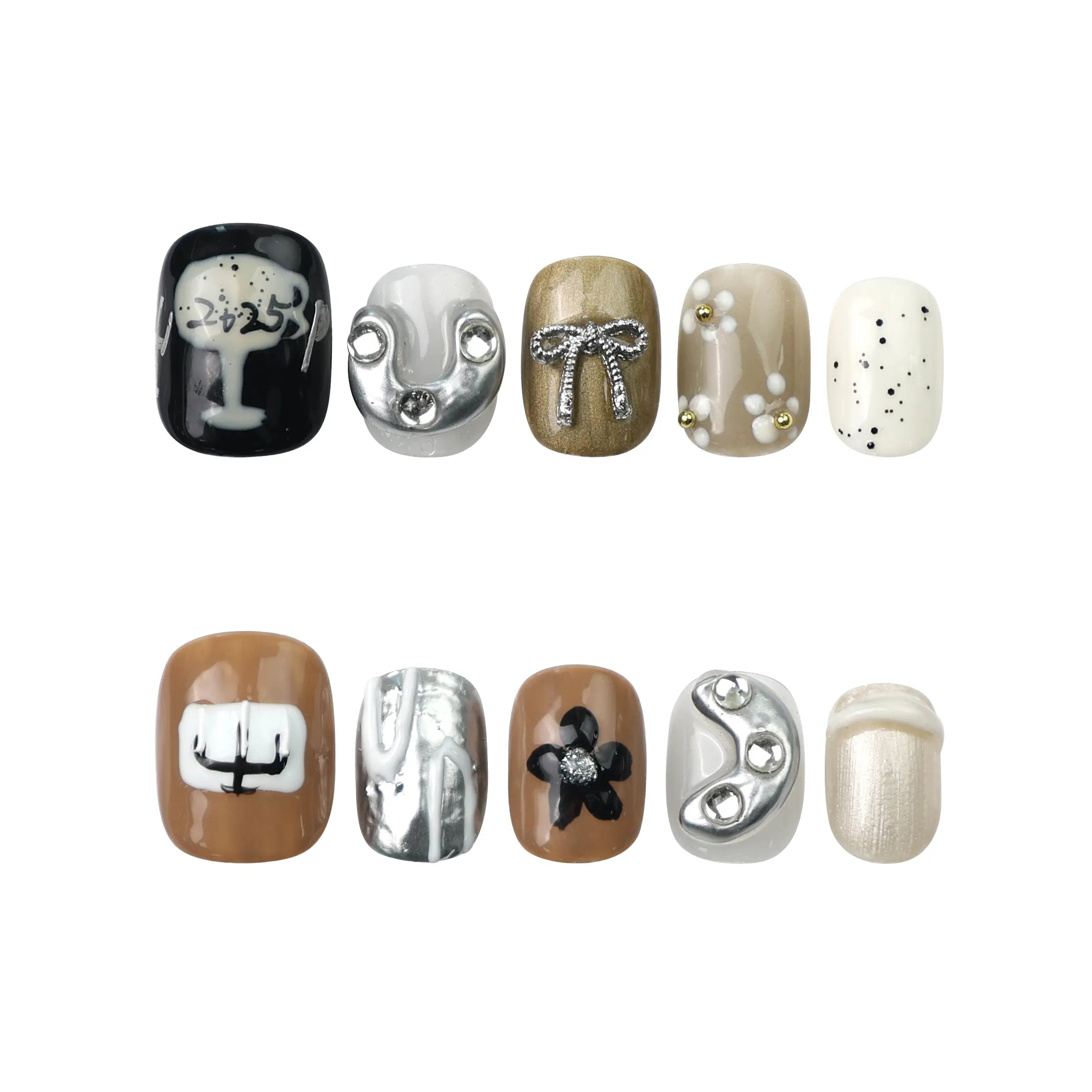 Naillover Chic Doodle handmade press on nail set laid out on white background, with modern neutral tones and 3D chrome bows.