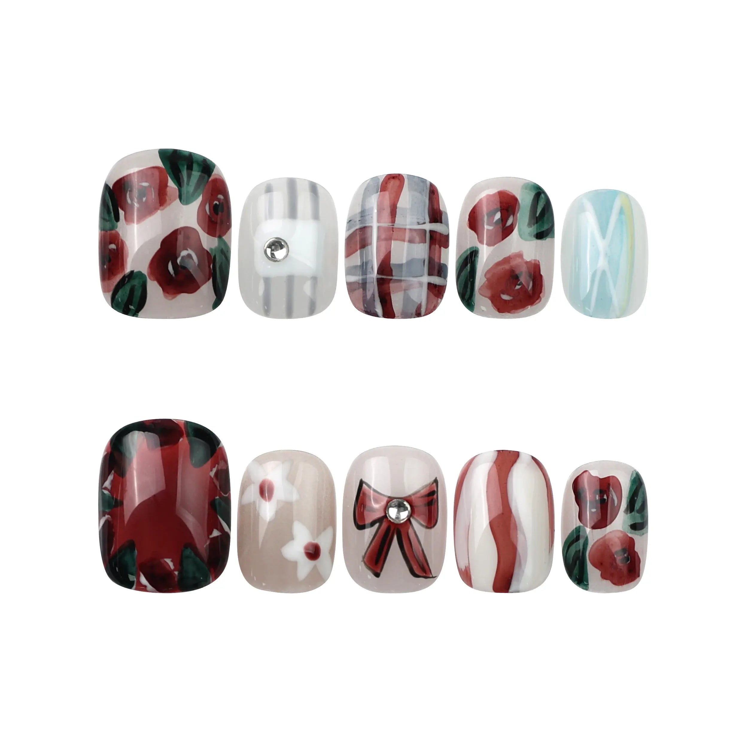 Flat-lay of Naillover Chocolate Plaid handmade press on nails—featuring cream plaid, 3D roses, and coquette bow accents from Singapore.