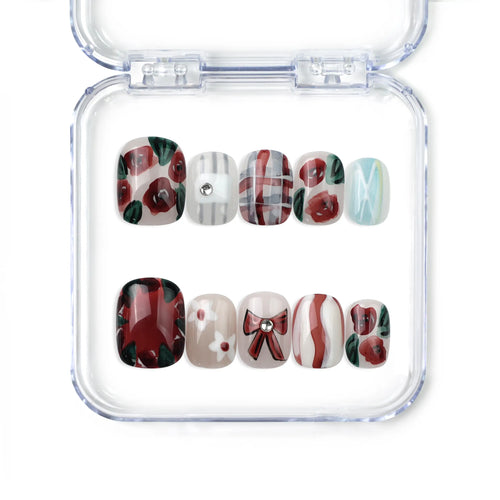 Naillover handmade press on nails with chocolate plaid base, 3D burgundy and white flowers, and ribbon details, perfect coquette nails from Singapore.