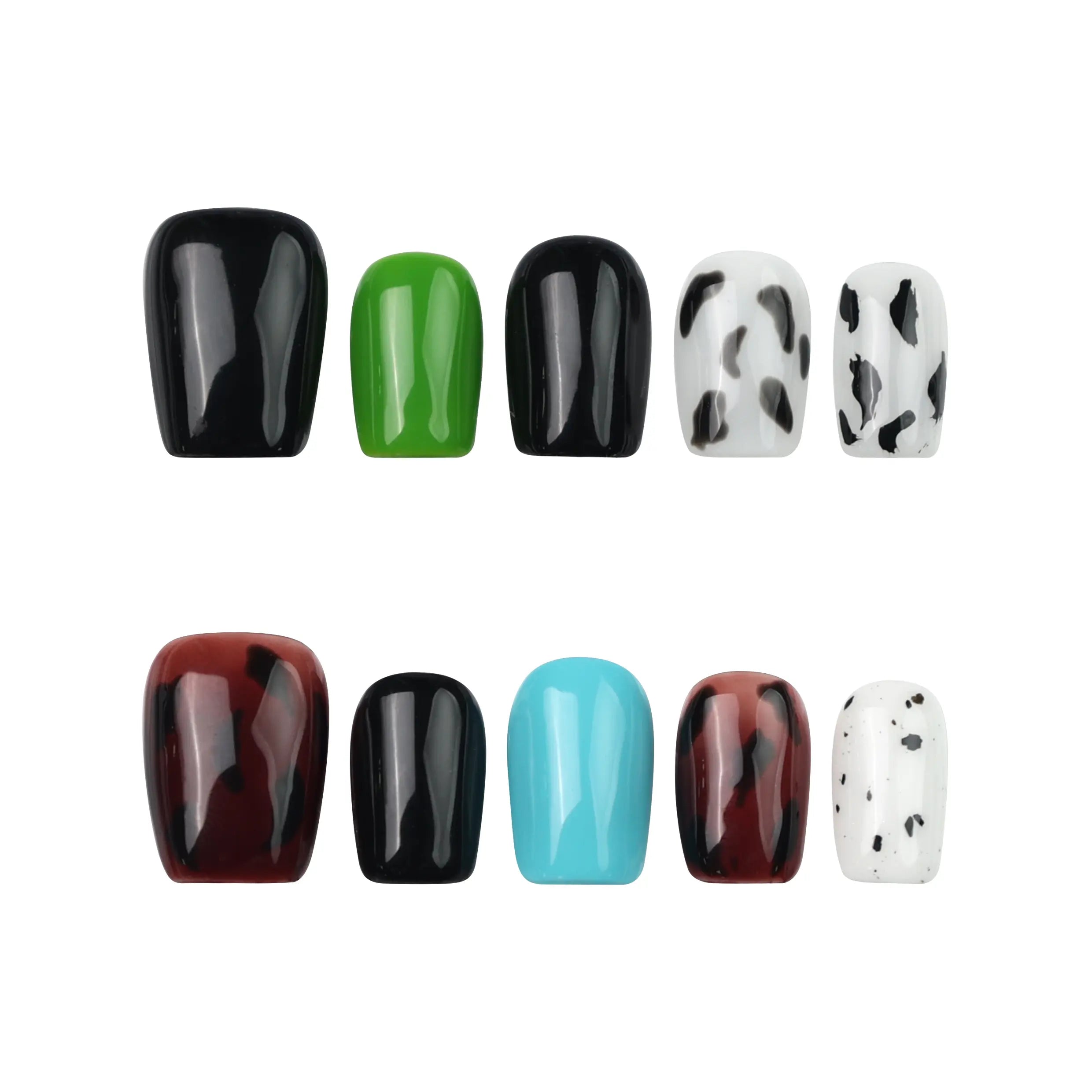 Naillover Cocoa Cow Mix short coffin press on nails with brown cow print and colorful accents on white background.