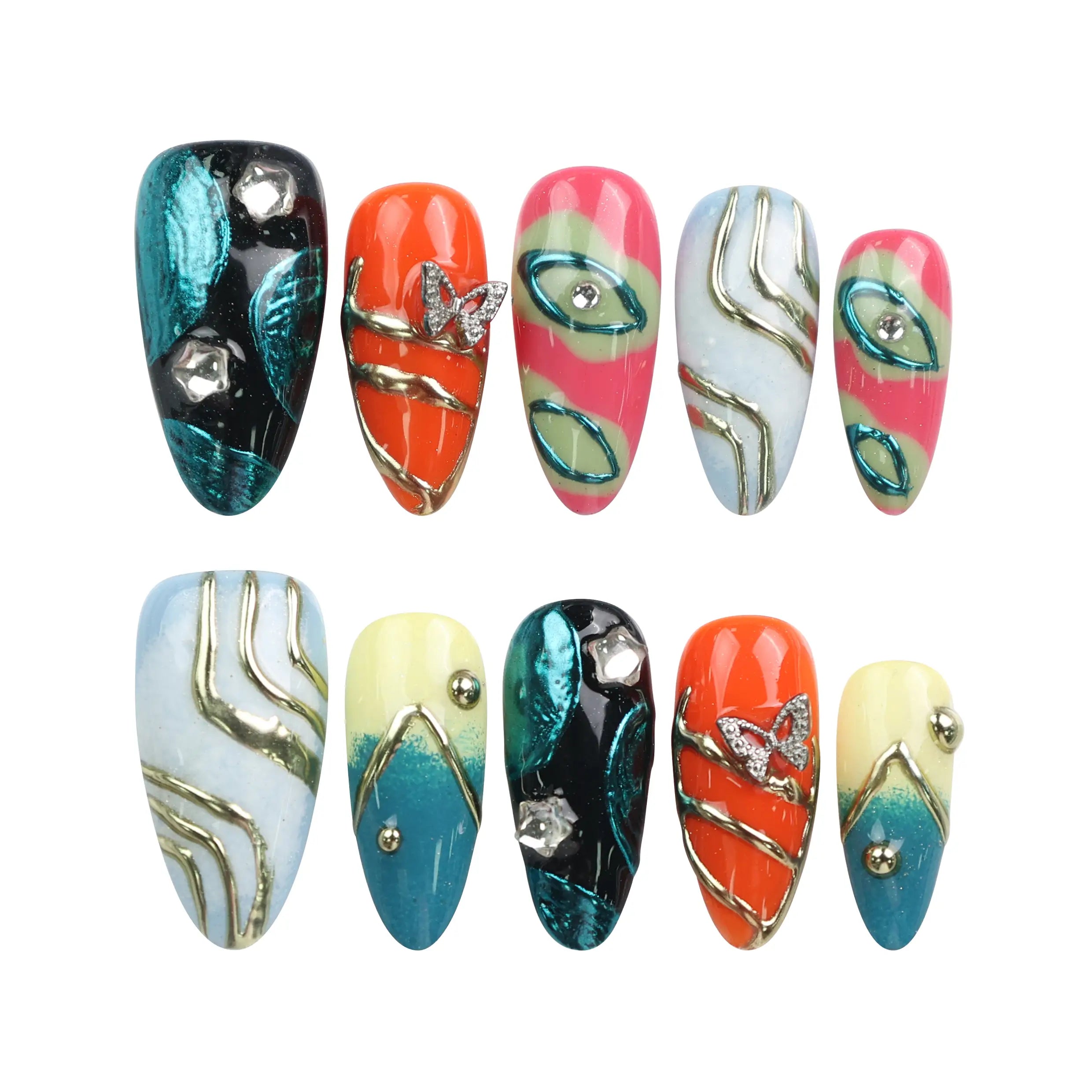 Cosmo Glam handmade Singapore press on nails by Naillover, featuring bold Y2K colors and retro designs, displayed on white background