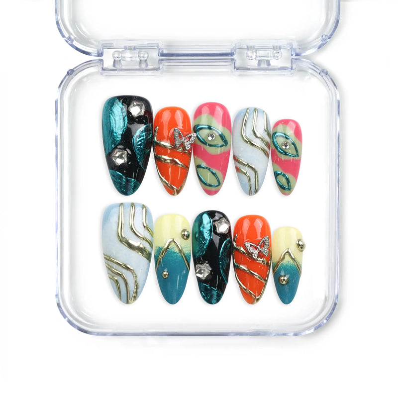 Cosmo Glam handmade Singapore press on nails by Naillover featuring vibrant Y2K colors and retro-inspired patterns for a playful, trendy style