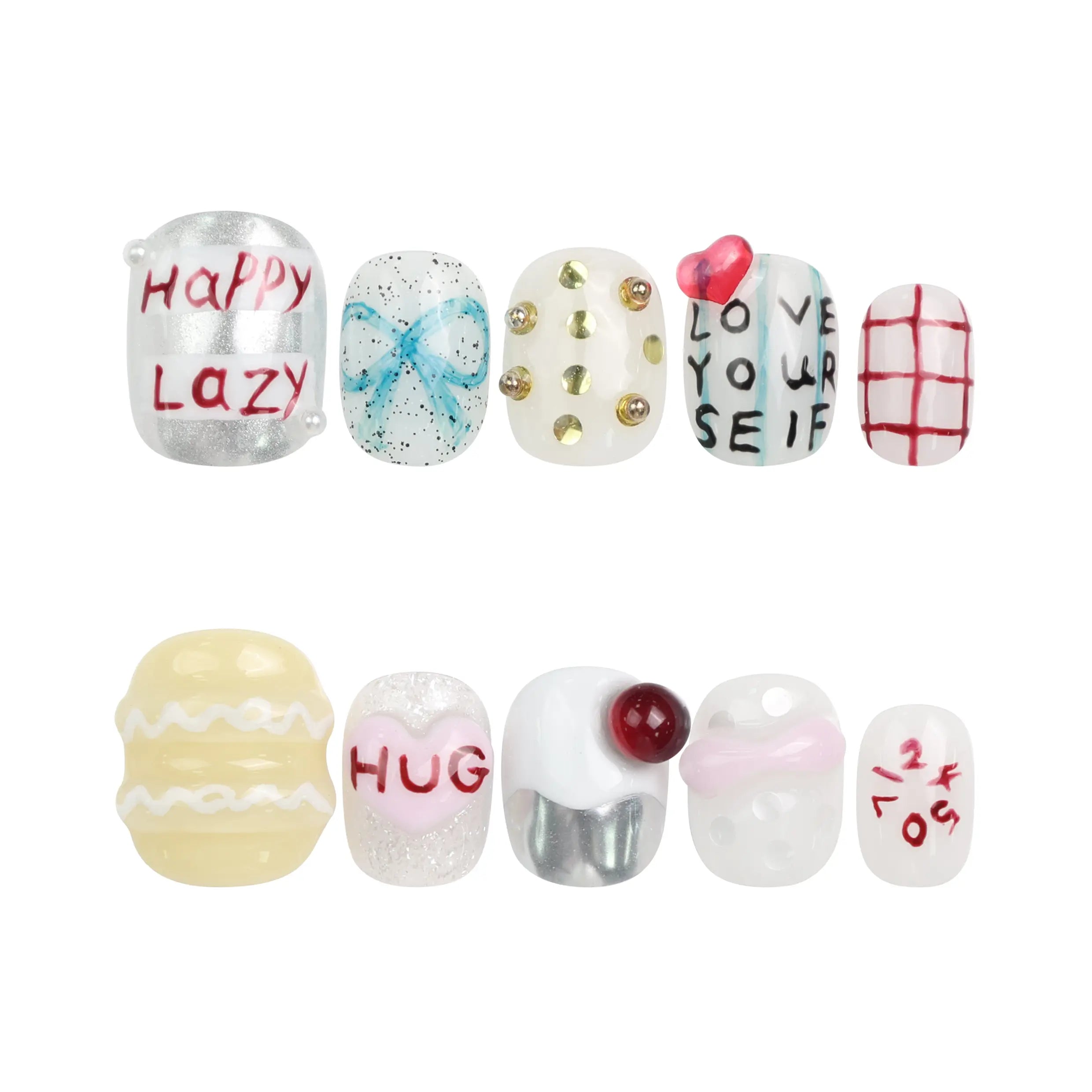 Naillover Cozy Hugs Singapore press on nails displayed on white background, featuring colorful phrases and playful handmade design.