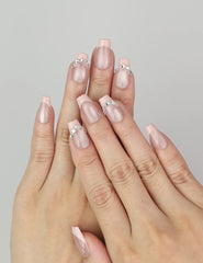 Hand model wearing Naillover Crystal Crescent classic Singapore press on nails with sparkling crystal accent
