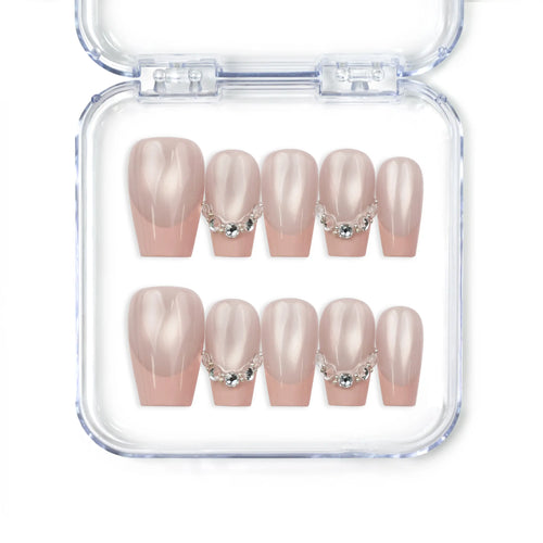 Crystal Crescent classic Singapore press on nails with sparkling crystal accent, handmade by Naillover