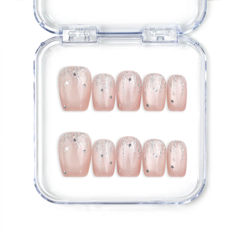 Naillover Crystal Dew handmade Singapore press on nails with cat eye shimmer, silver glitter, and white star accents.