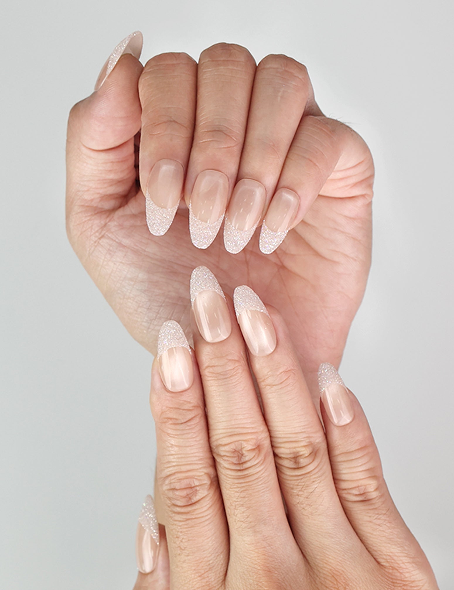 Close-up of Naillover handmade Crystal Whisper press on nails highlighting delicate coquette nails details