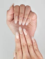 Close-up of Naillover handmade Crystal Whisper press on nails highlighting delicate coquette nails details