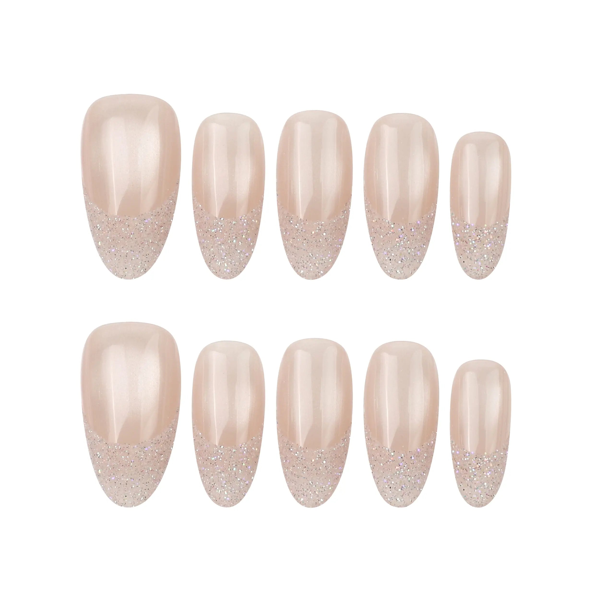 Flat-lay of Crystal Whisper nails — Naillover handmade press ons in nude with pearl and crystal detail, made in Singapore.