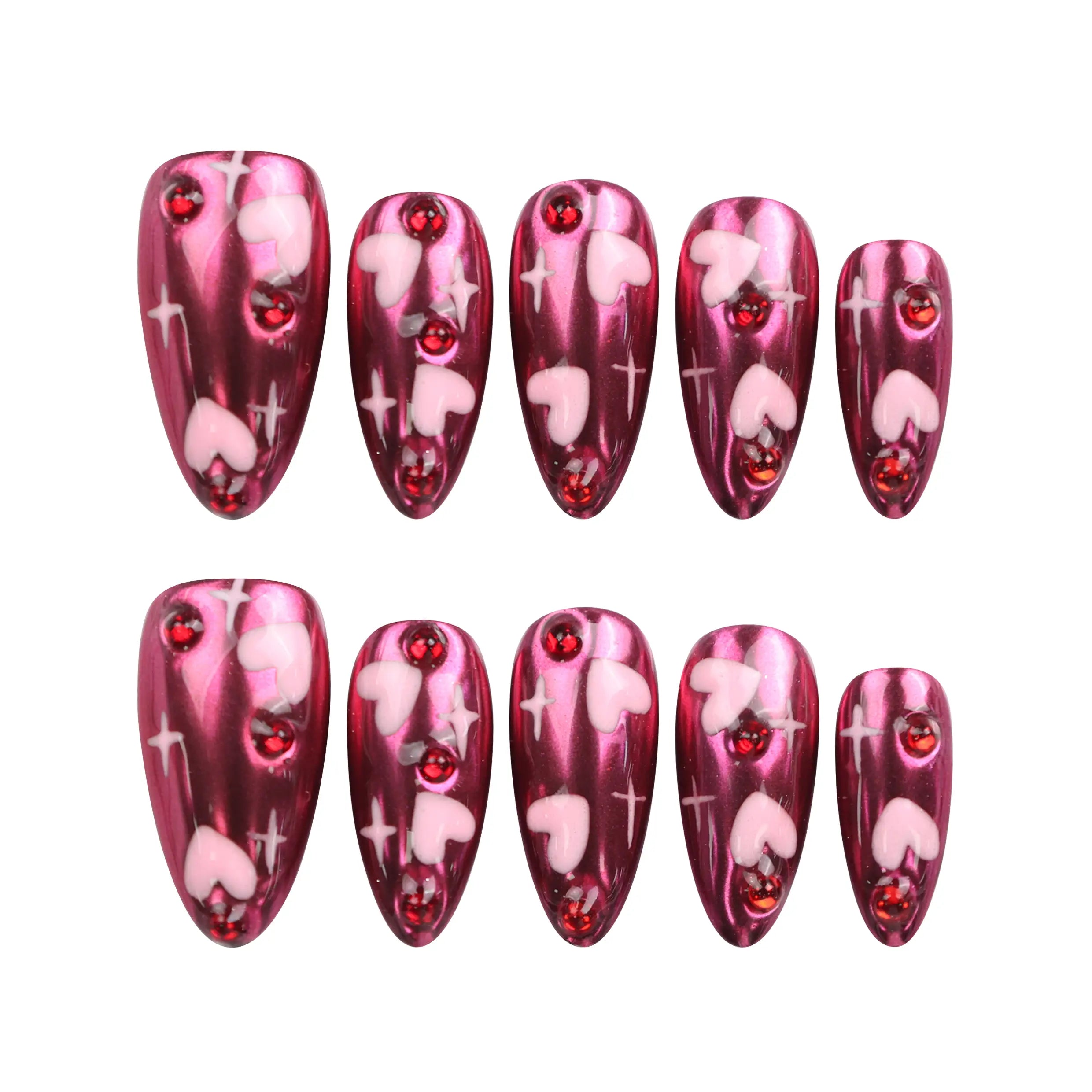 Cupid's Curve handmade Singapore press on nails by Naillover, magenta with heart patterns and rhinestone accents, on white background