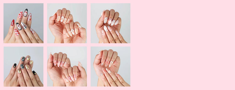 A close-up of beautifully designed custom press on nails in various shapes and colors, showcasing flawless fit and style on manicured hands.