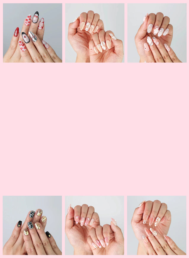 A close-up of elegant custom press on nails in various shapes and colors, showcasing flawless fit and style on manicured hands.