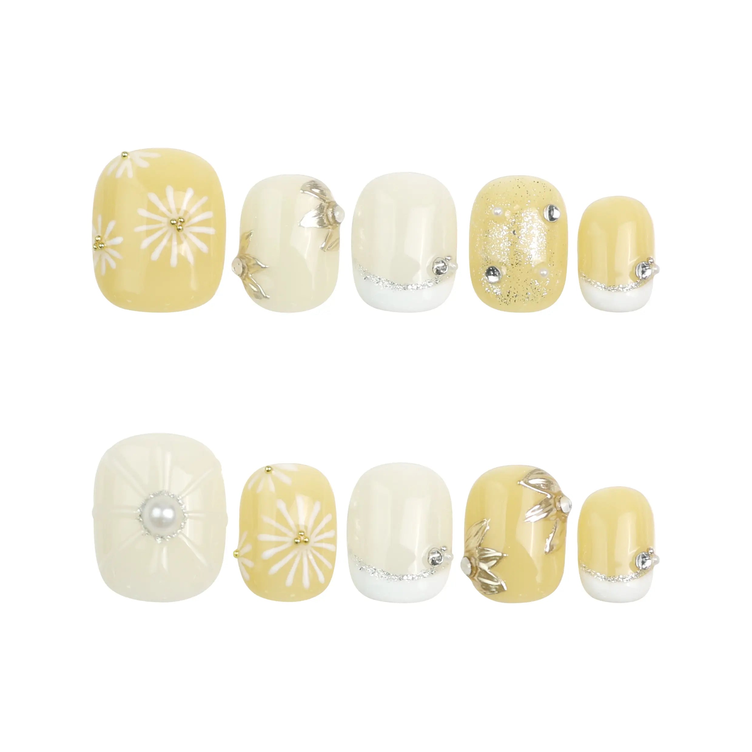 Daisy Glow nail set displayed on white background, showcasing handcrafted floral patterns and pastel color palette.
