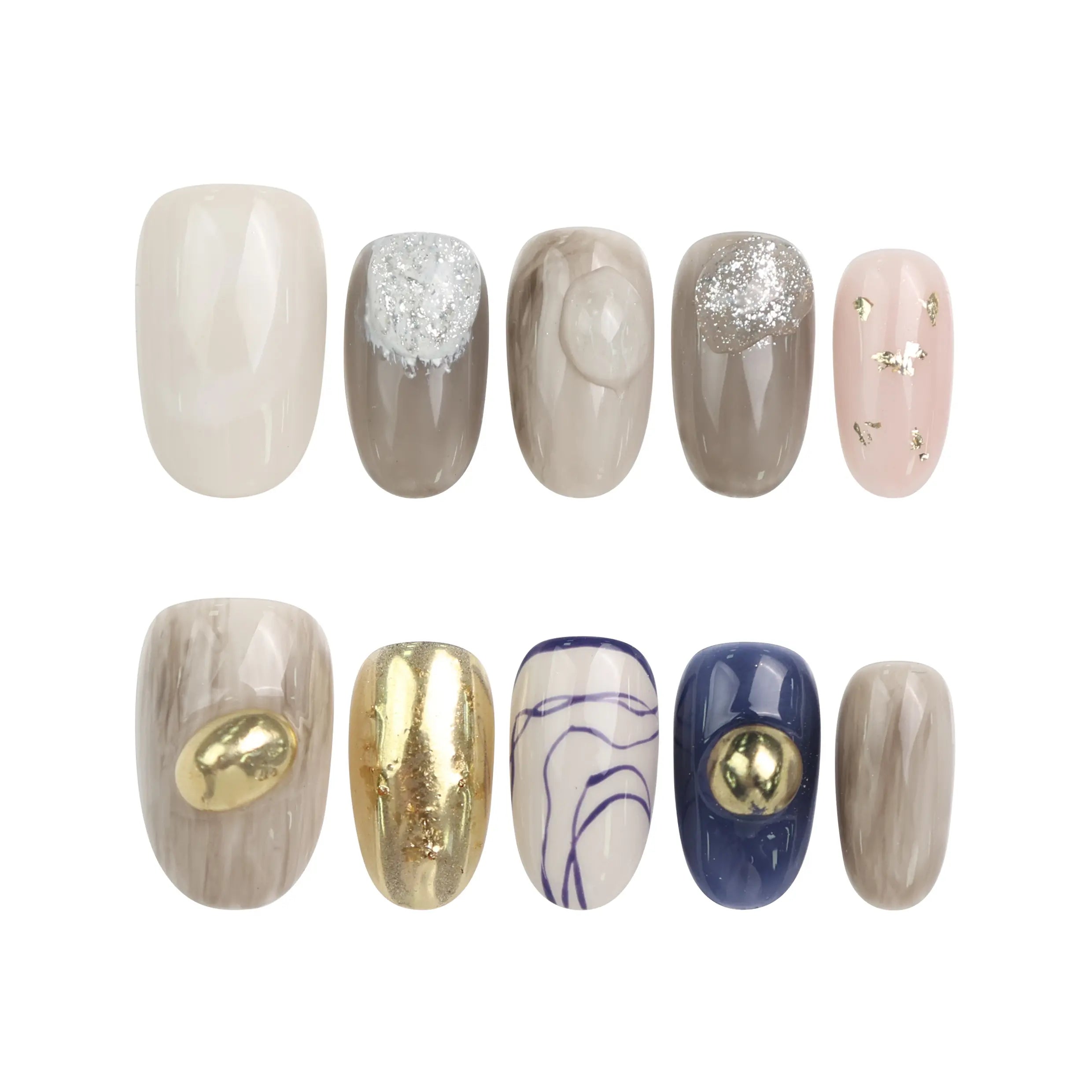 Naillover Eclipse Core Singapore press on nails displayed on white background, highlighting gold accents and glitter finish.